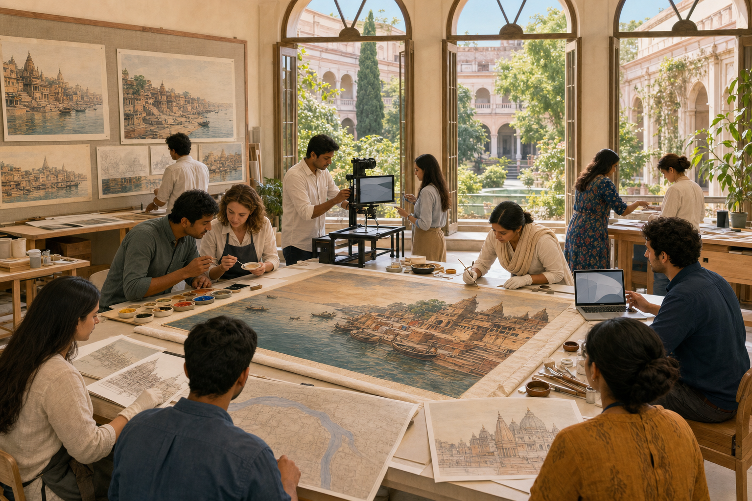 Indian and Italian students, artists, and conservators collaborate on Kashi-inspired art in a sunlit cultural workshop.