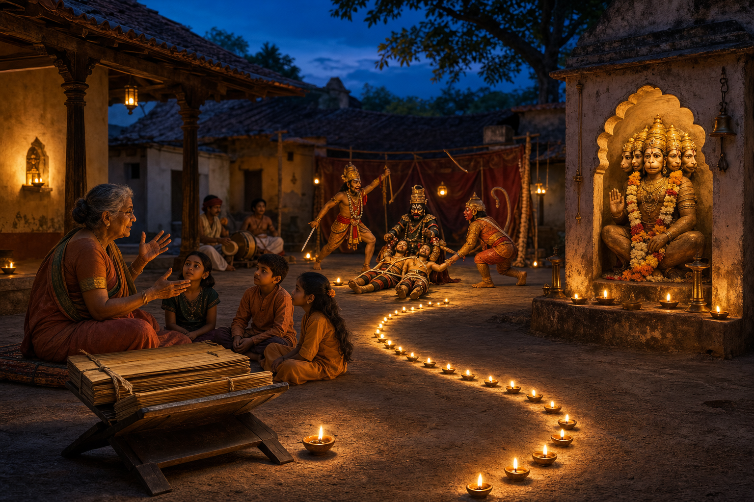 A courtyard scene connects a palm-leaf manuscript, an oral family narration, a regional performance, and a shrine to five-faced Hanuman.