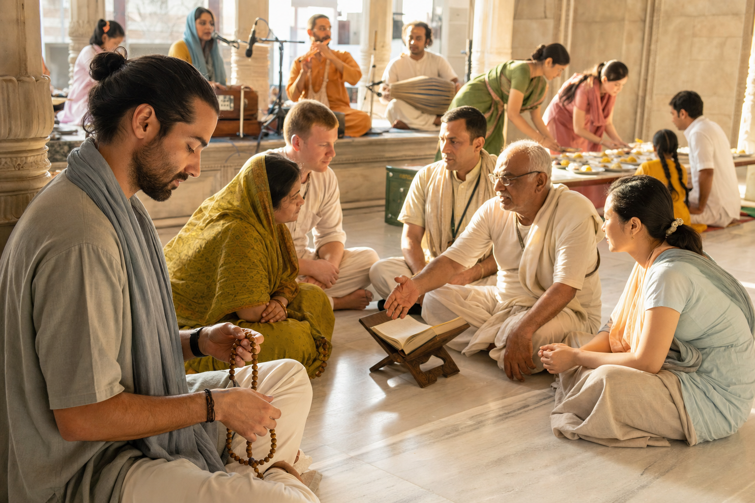 A temple visitor uses prayer beads while nearby groups study scripture, prepare vegetarian food, and begin devotional music.