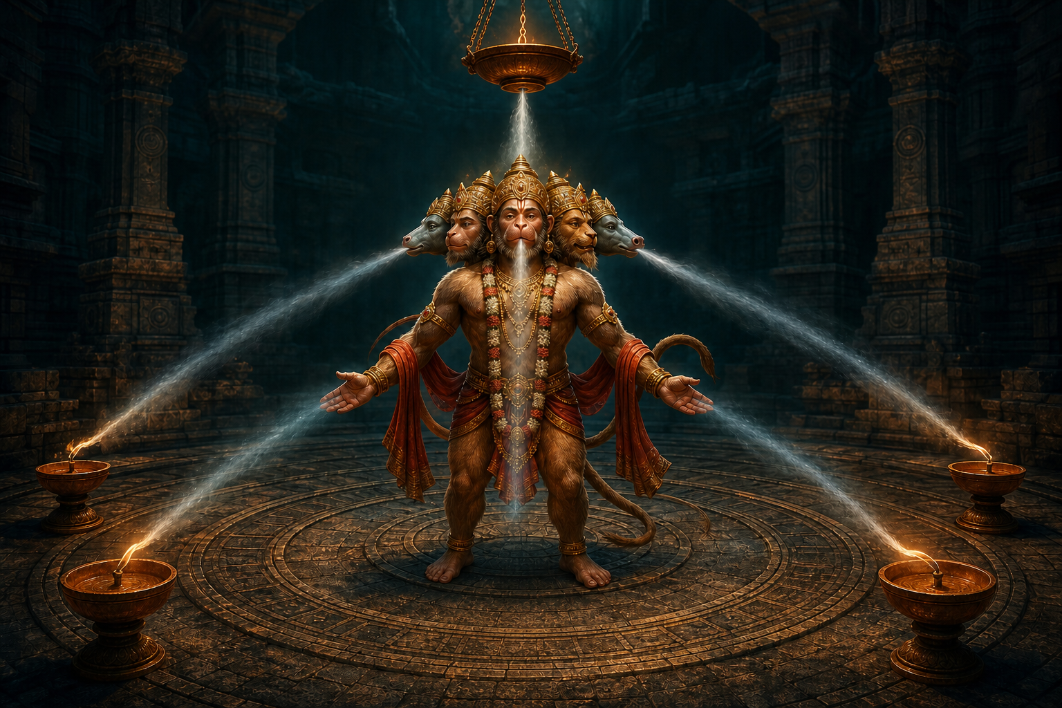 The five faces of Panchamukhi Hanuman turn toward four surrounding oil lamps and one lamp above as all five flames are extinguished together.