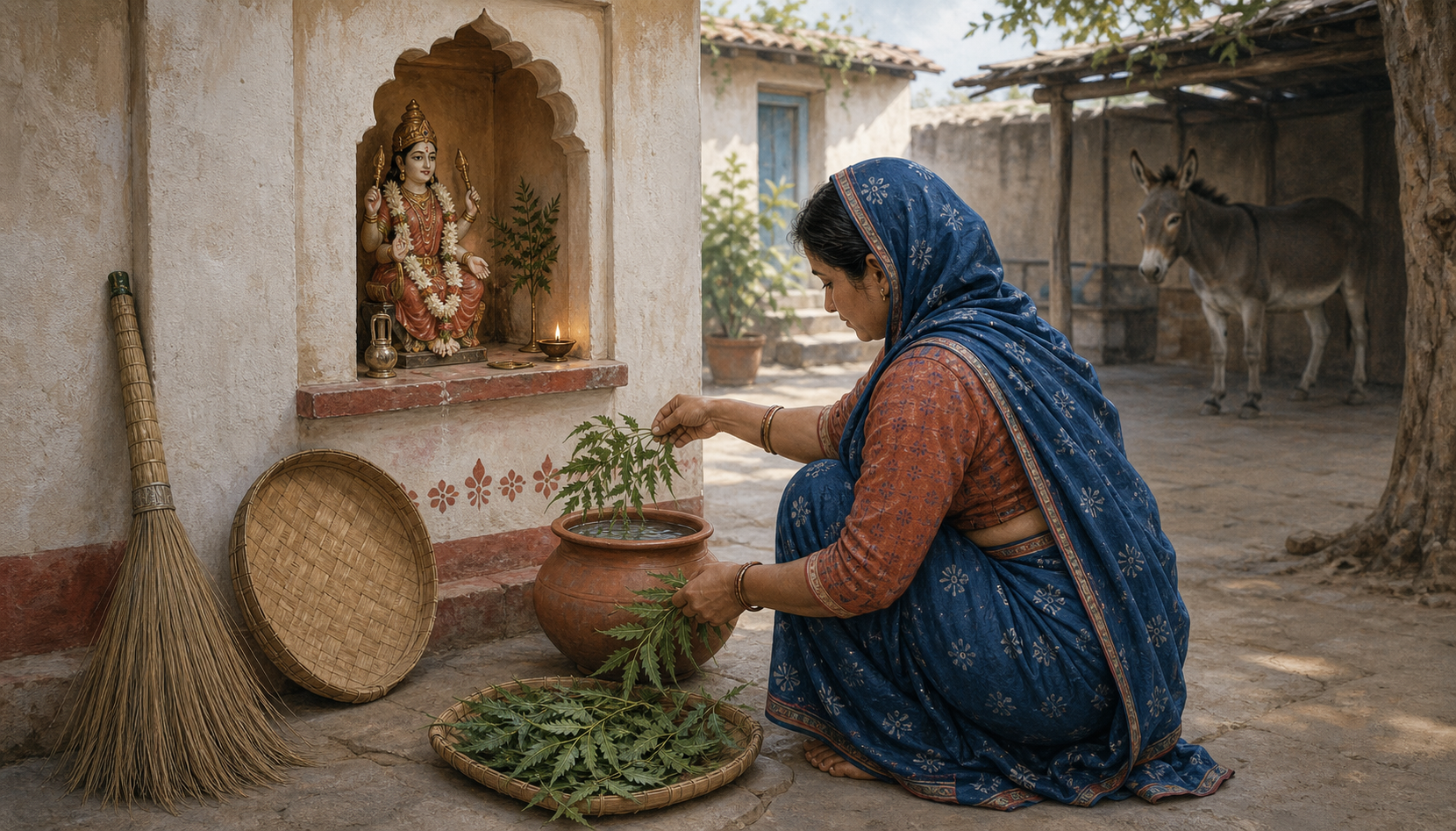 A woman tends an earthen water pot and neem leaves beside a Shitala Mata shrine with a broom, winnowing fan, and donkey nearby.