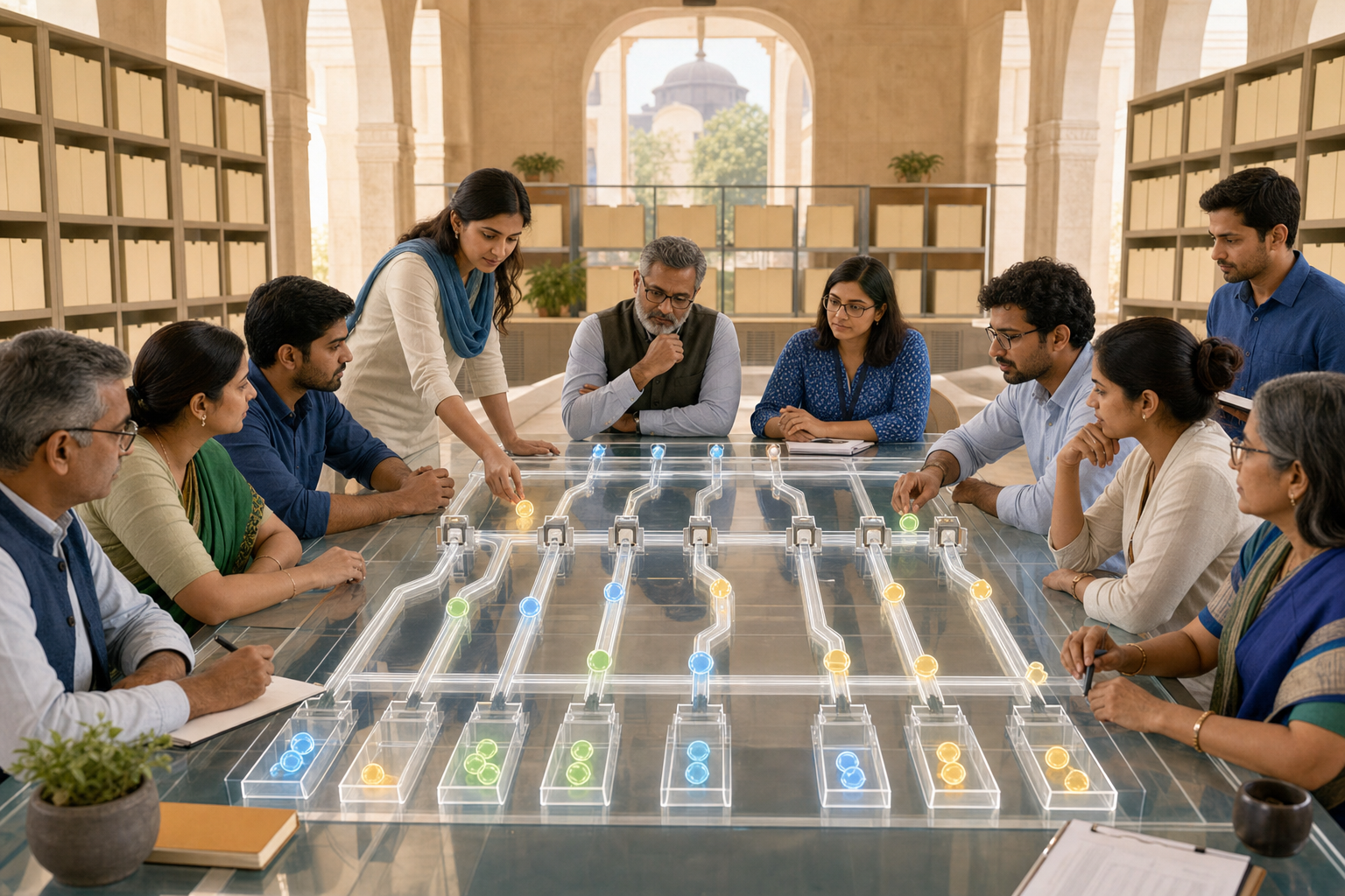 Nonprofit workers, bankers, auditors, and regulators examine a transparent funding system with uniform verification gates and visible safeguards.