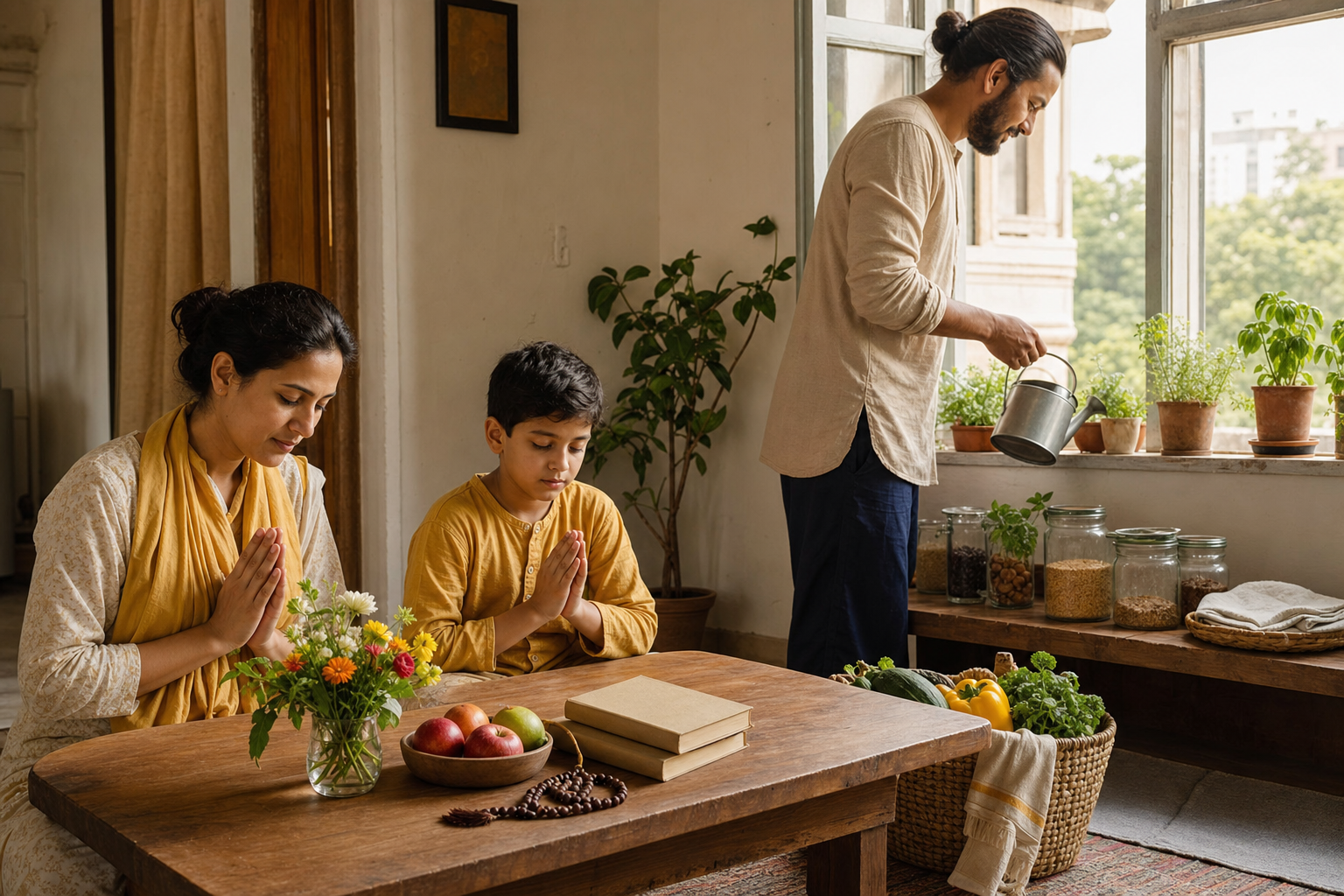 A family shares a quiet morning beside prayer beads, plain books, fruit, vegetables, and potted herbs in a modest apartment.