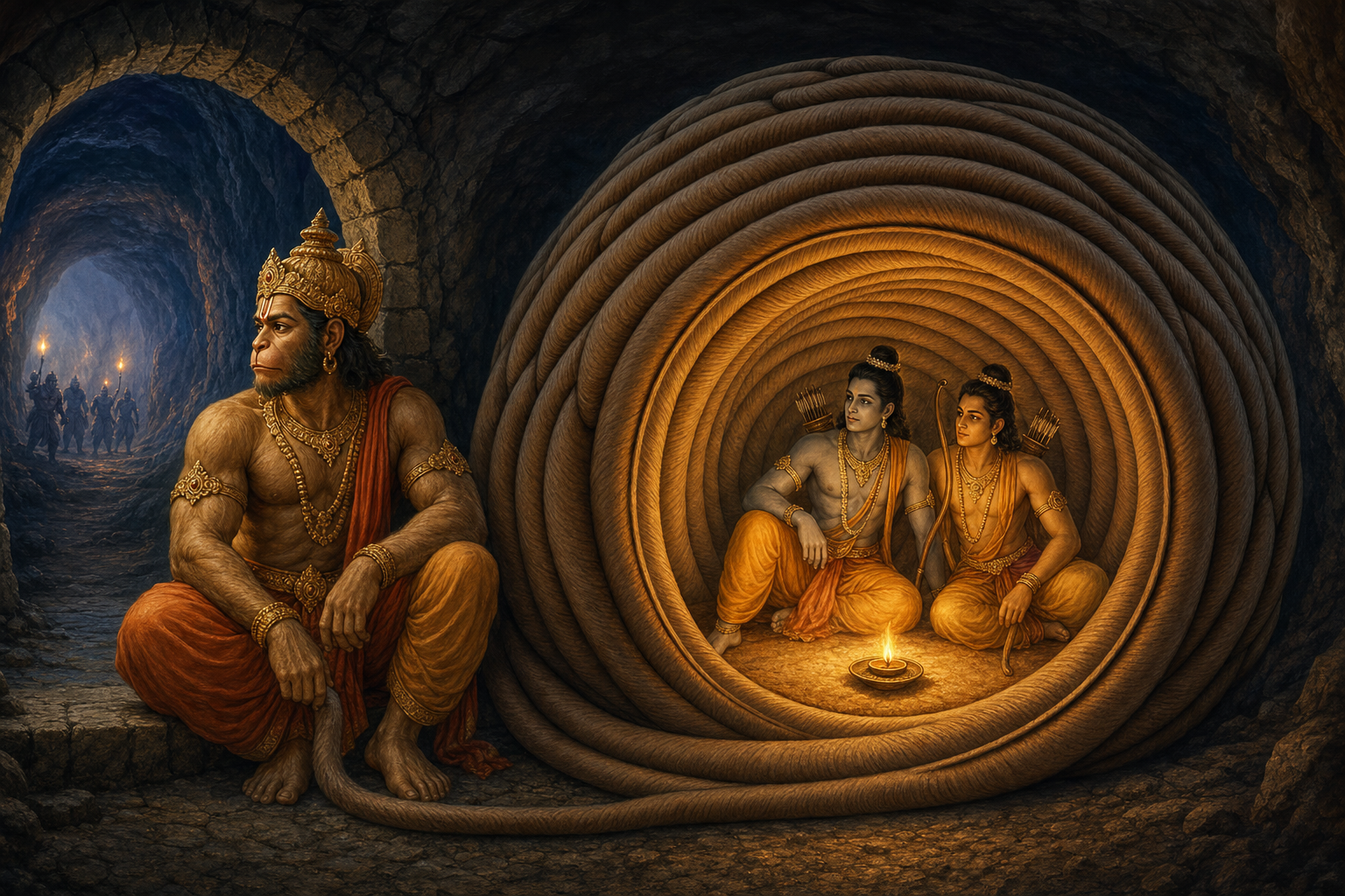 Hanuman's coiled tail forms a protective dome around Rama and Lakshmana inside a dark underground passage.