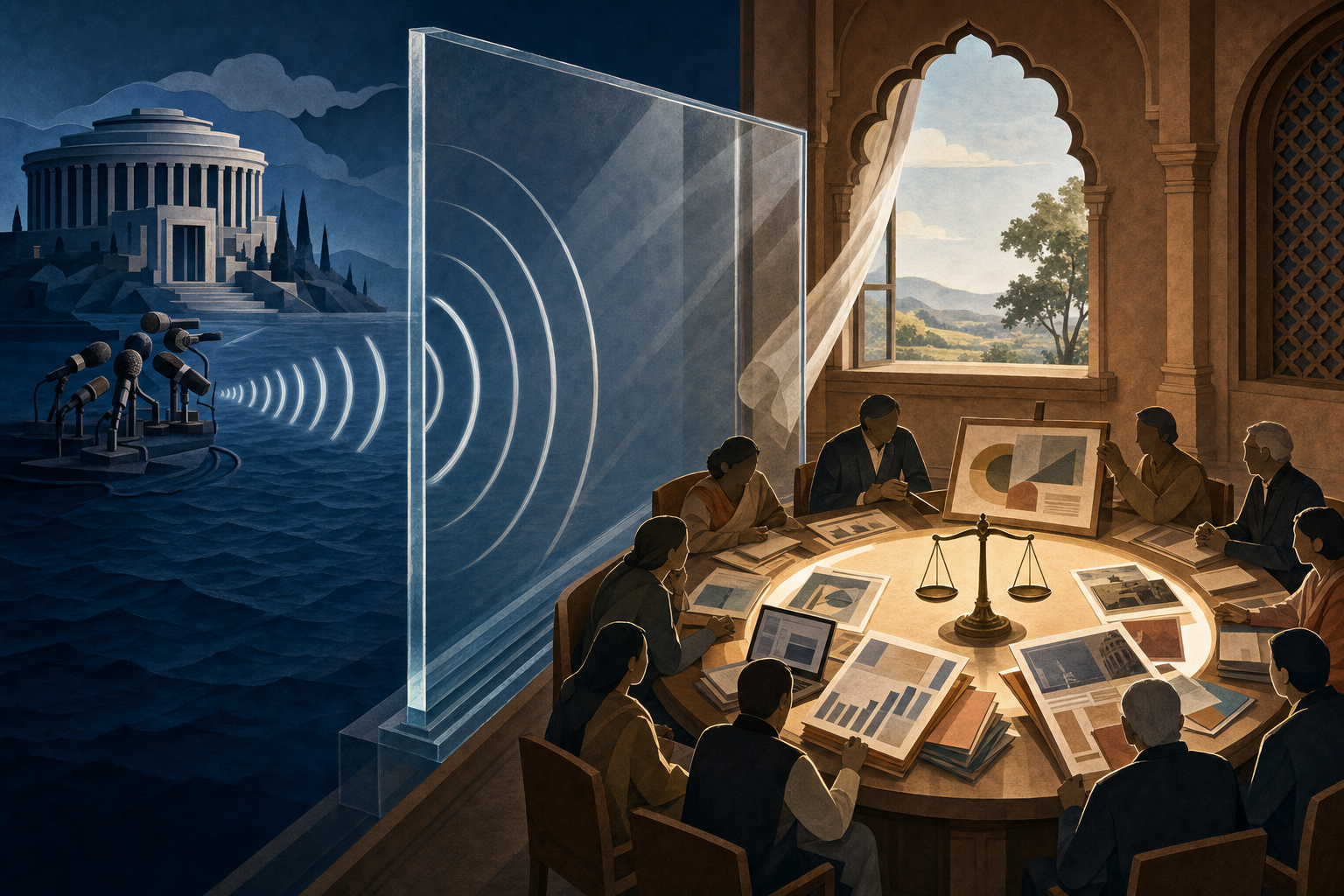 A distant diplomatic setting is separated by glass from an Indian review chamber where officials and civil society representatives examine evidence independently.