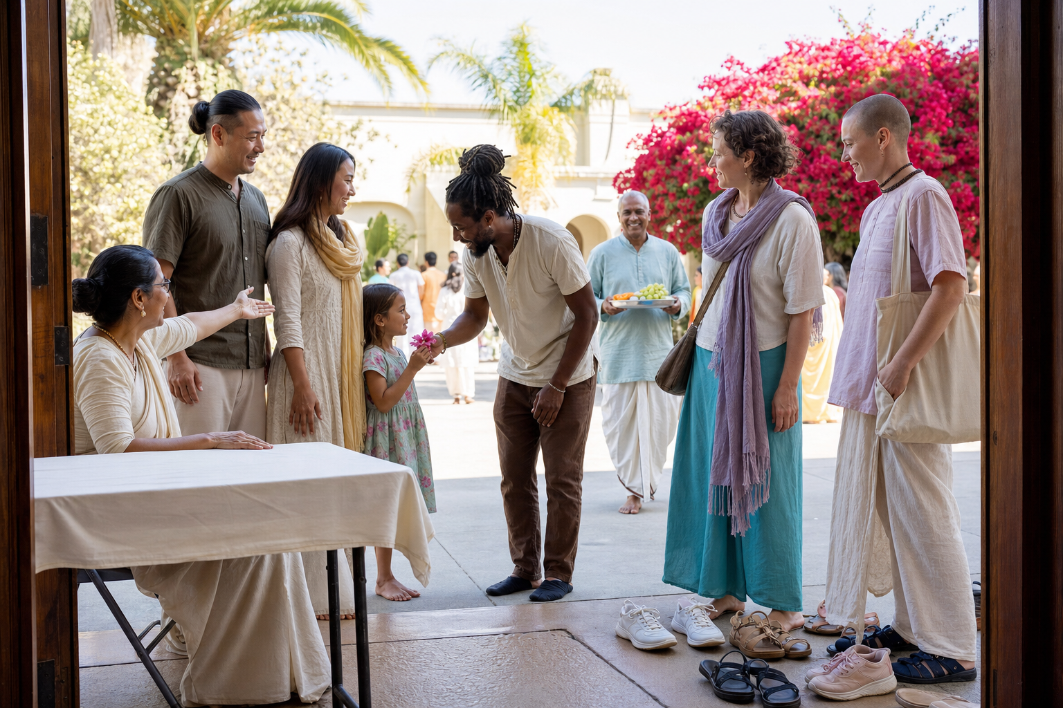 Volunteers welcome a family and other first-time visitors at the flower-lined entrance to a Los Angeles temple festival.