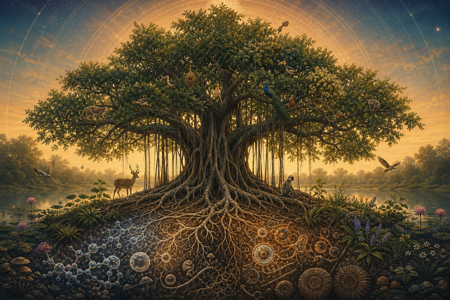 A banyan tree with roots blending into cellular and fossil-like forms, surrounded by diverse plants and animals beneath a softly geometric, luminous sky.