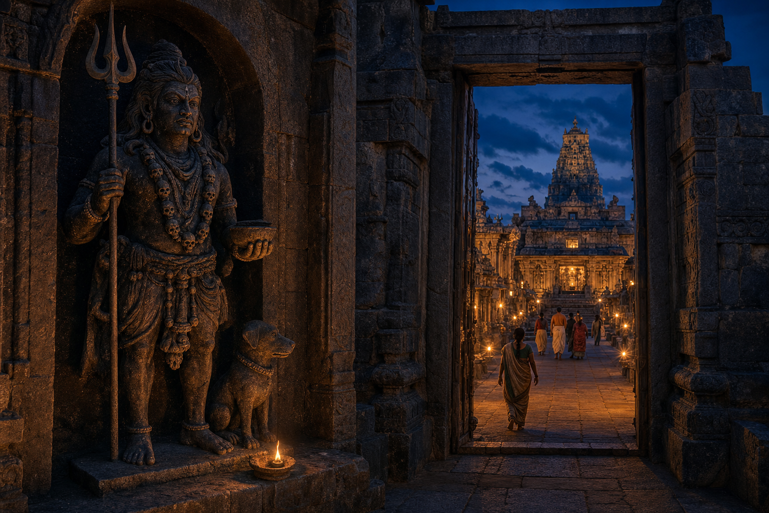 A stone image of Bhairava with a dog attendant stands beside a Hindu temple gateway as devotees enter the lamp-lit compound.