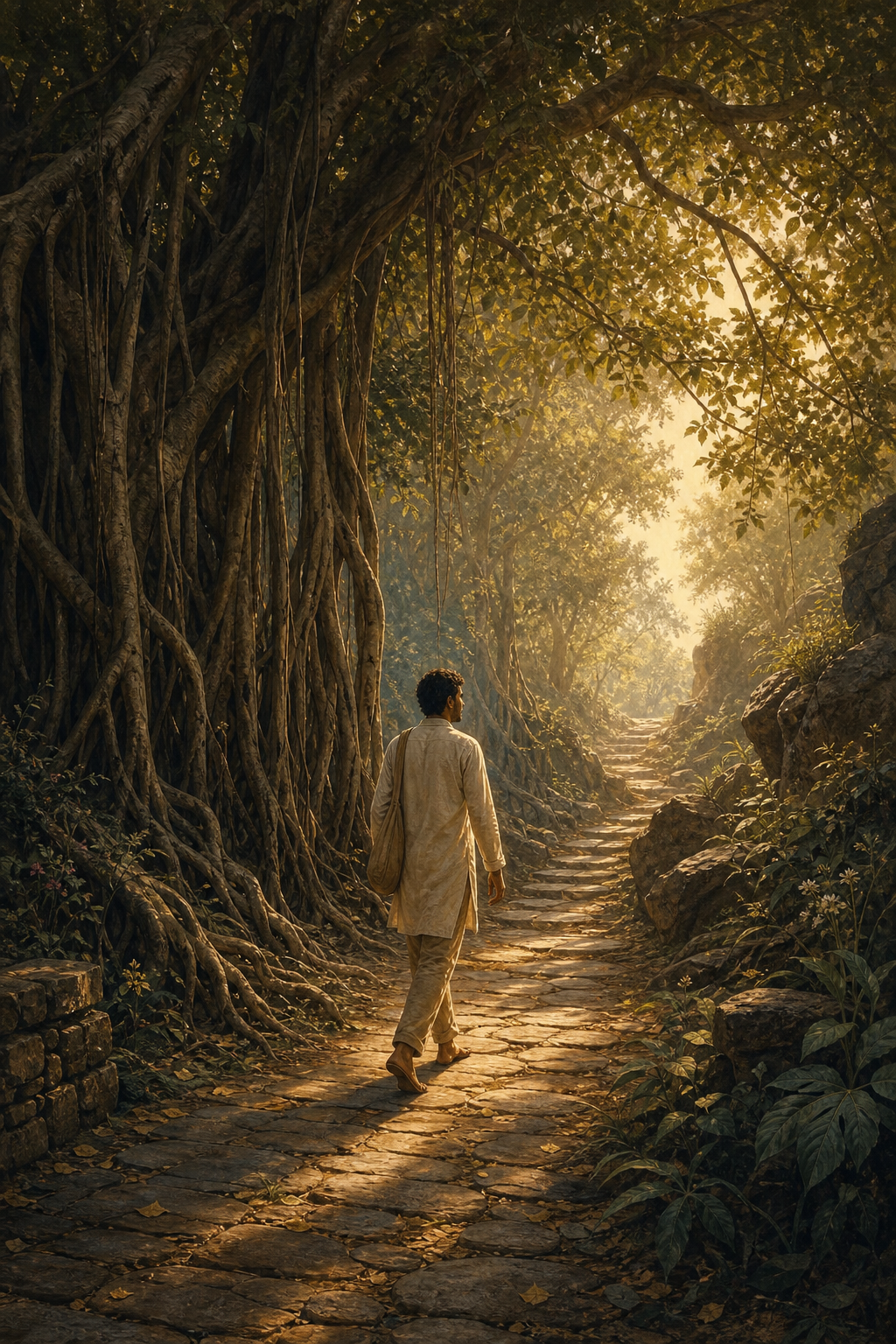 A traveler steps along a stone path beneath a banyan tree as golden morning light passes through the branches.