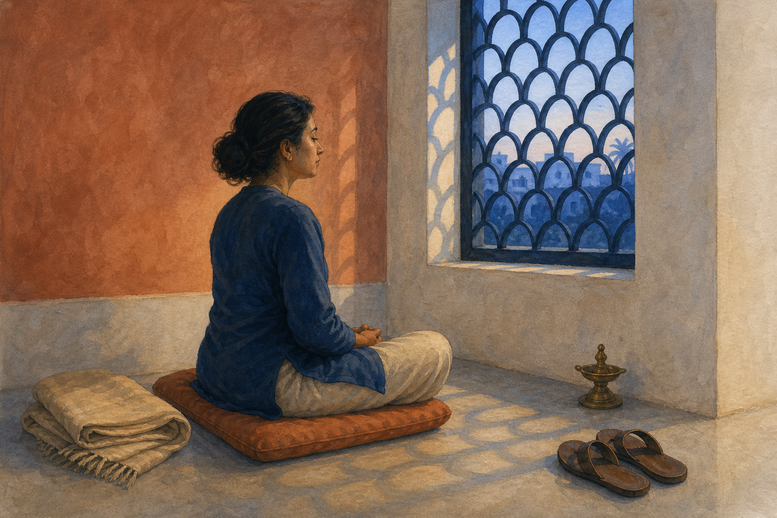 An adult meditates on a floor cushion in a quiet home alcove before sunrise.