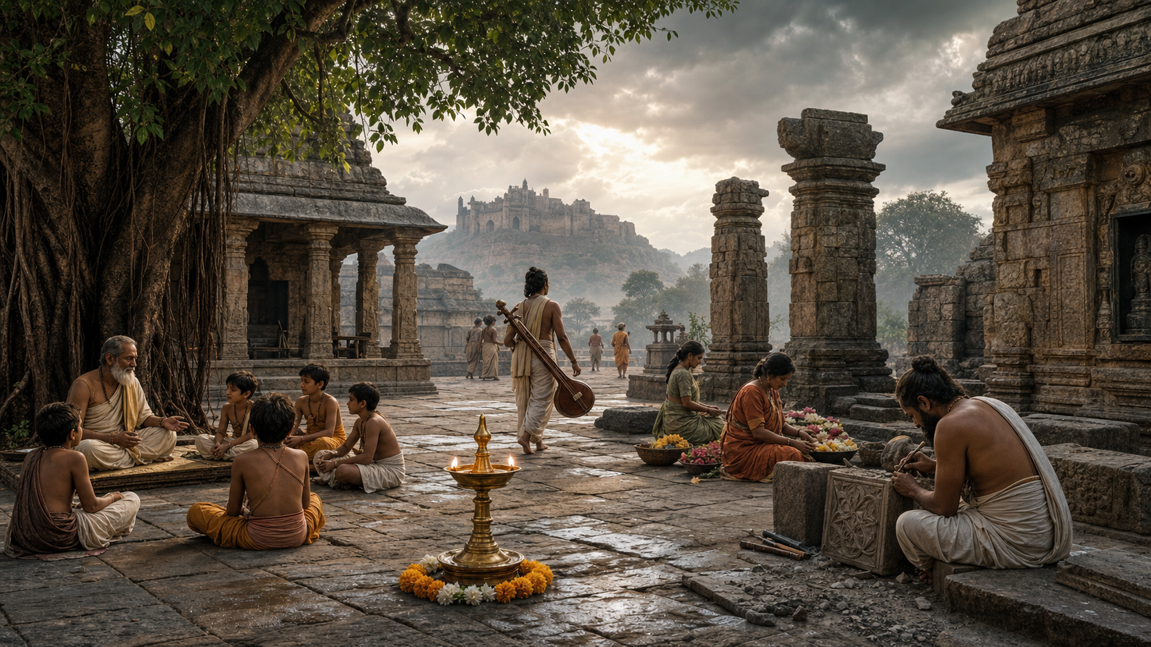 A weathered temple courtyard remains active with teaching, stone carving, music, flower preparation, and a burning oil lamp, while a partly ruined citadel stands in the distance.