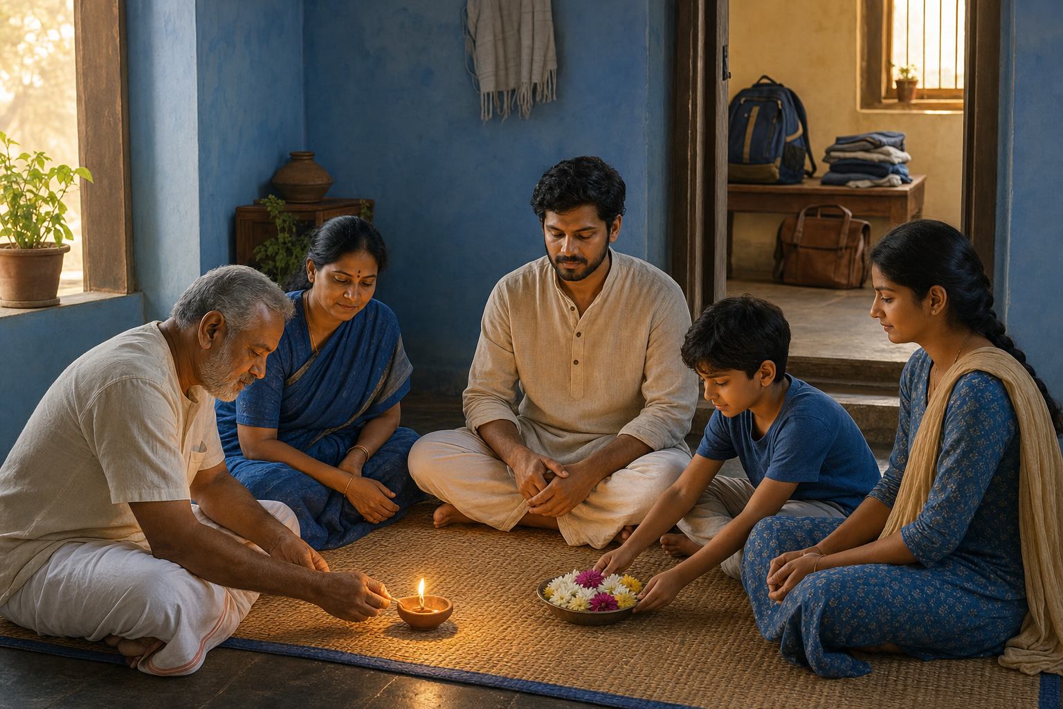 A family sits together around a clay lamp, with school and household items visible through an open doorway.