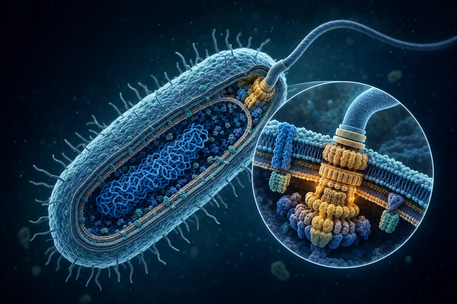 Cutaway scientific illustration of a bacterium showing its long flagellum and the rotary motor embedded in the cell envelope.
