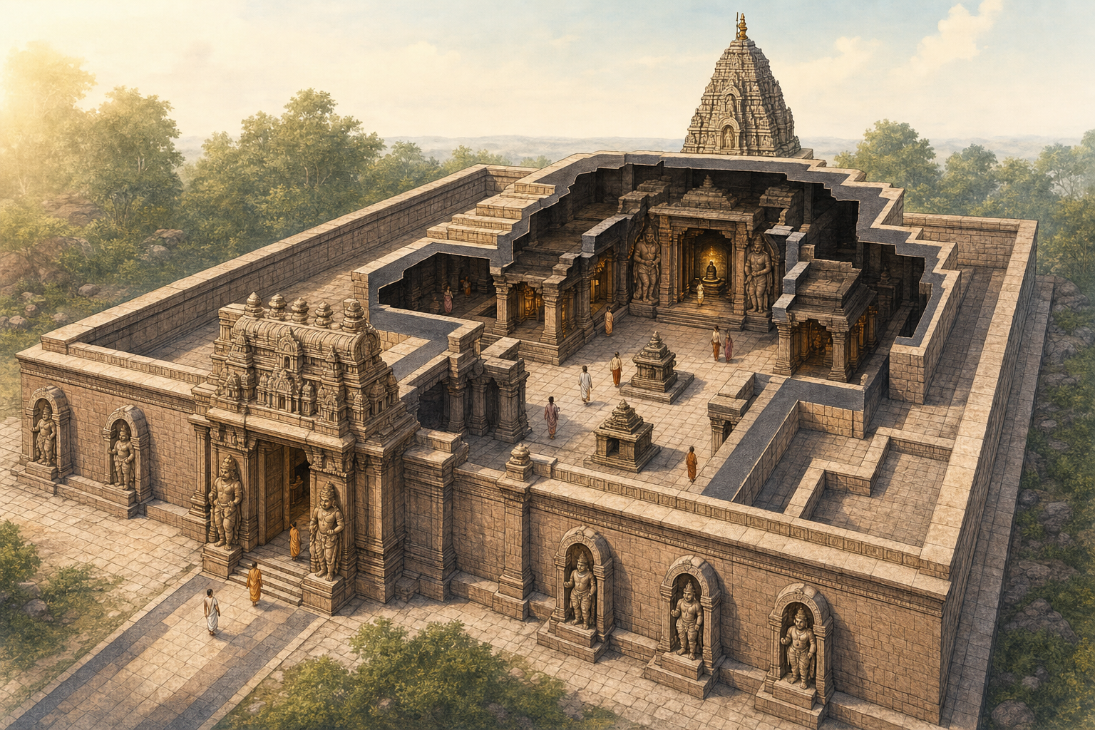 Cutaway view of a Hindu temple compound showing its gateway, enclosure walls, guardian niches, offering pedestal, circumambulatory path, halls, and inner sanctum.