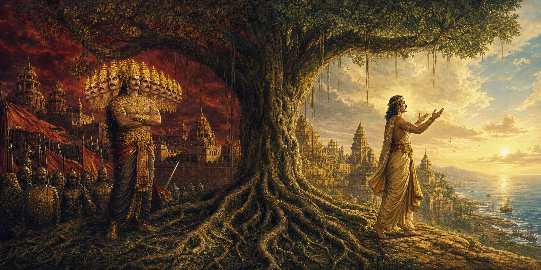 Ravana and Vibhishana stand beneath different branches of the same banyan tree, with a storm-lit palace on one side and a calm dawn shoreline on the other.