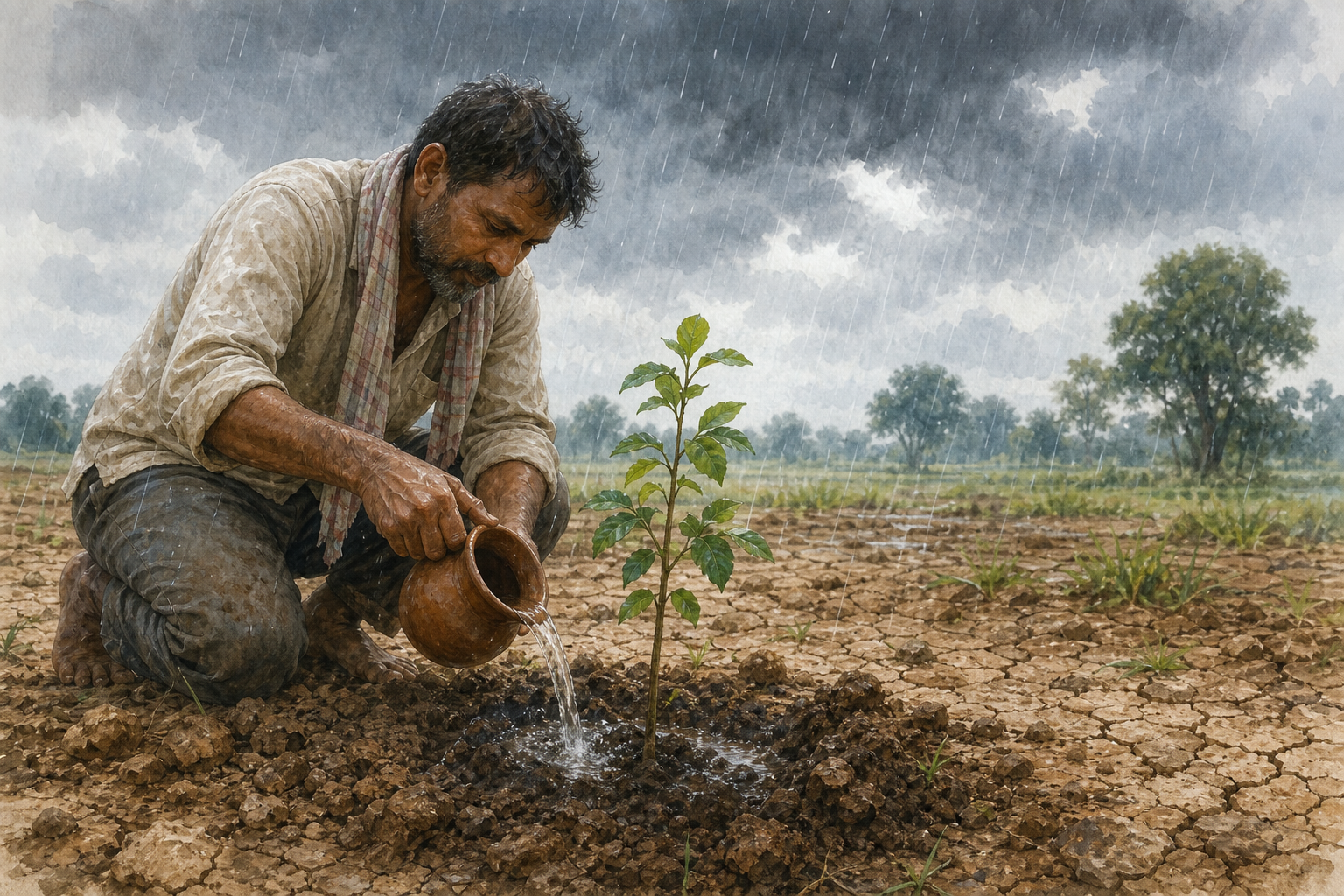 A gardener waters a young sapling as gentle rain begins to fall over the field.