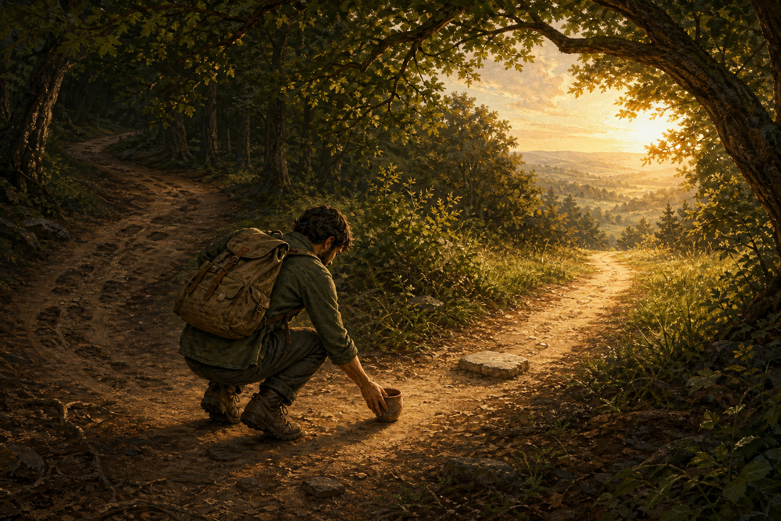 A traveler sets a fallen clay cup upright while pausing between two forest paths.