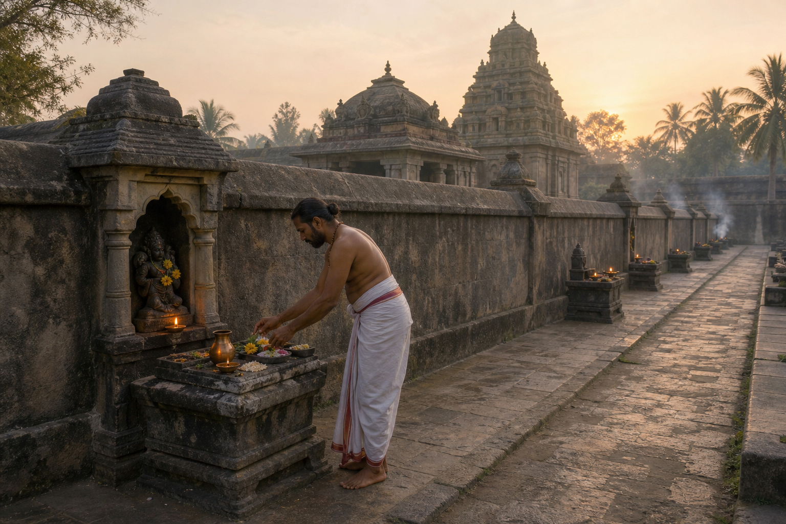 A temple officiant places flowers, grain, water, and a lamp on a stone offering pedestal along the enclosure's circumambulatory path at dawn.