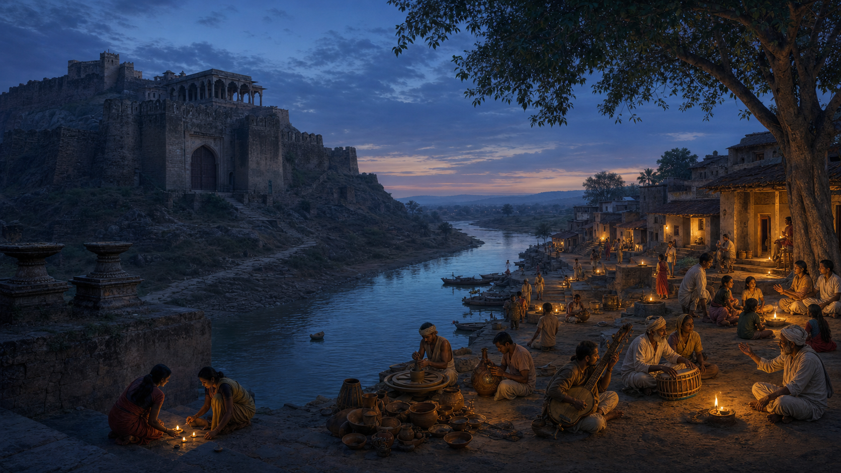 An inactive hilltop citadel overlooks a lively riverside settlement where people teach, make pottery, play music, and light oil lamps.