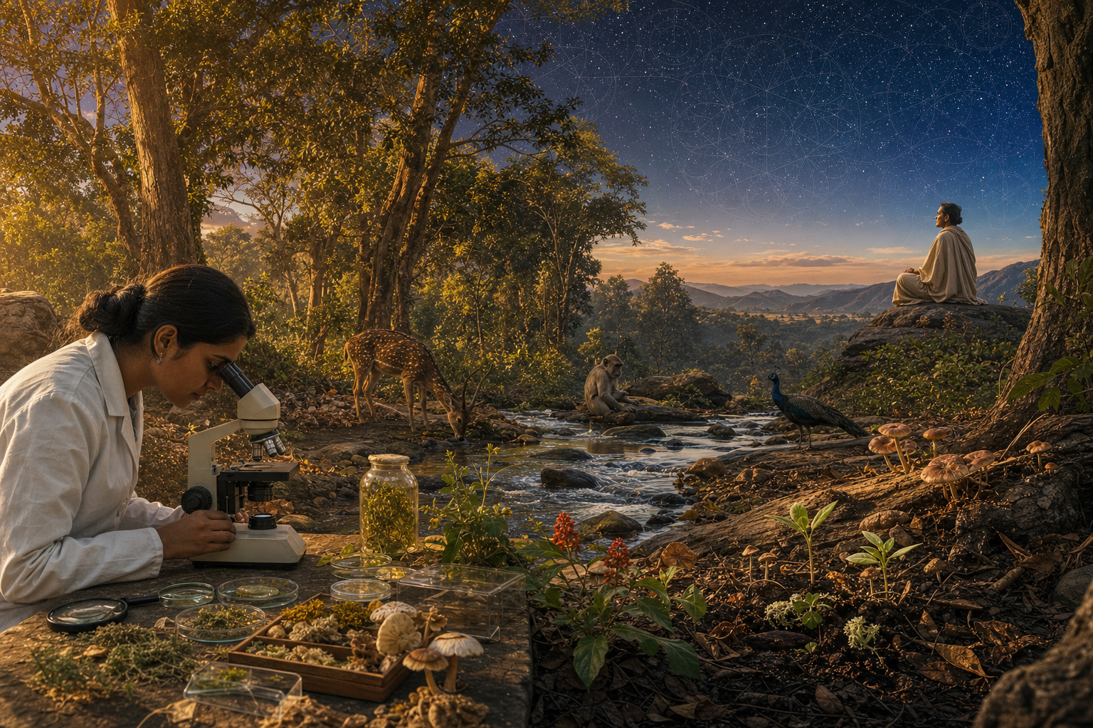 A biologist using a microscope, a living forest ecosystem, and a seated observer beneath a starry sky occupy three connected layers of one landscape.