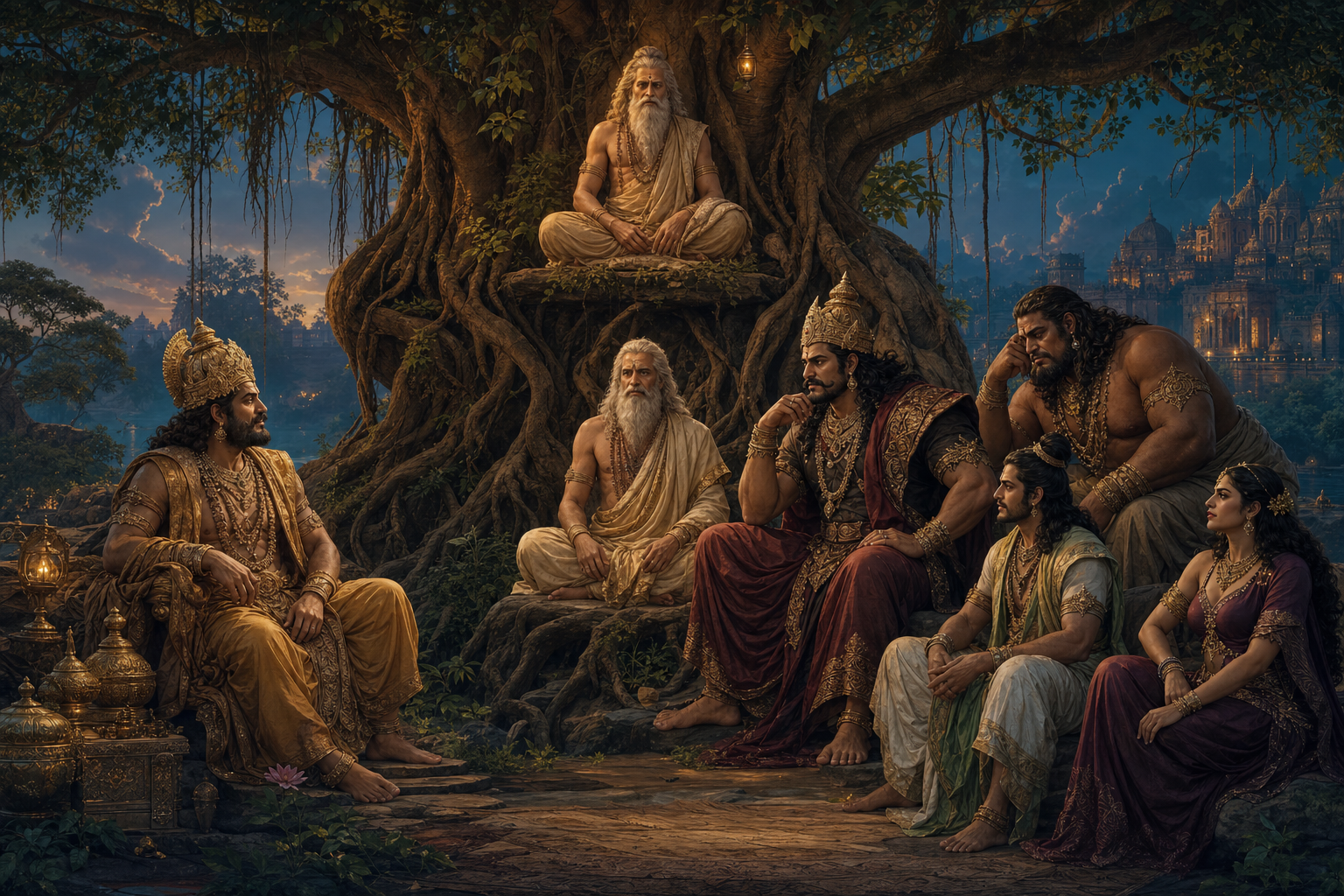 Pulastya, Vishrava, Kubera, Ravana, Kumbhakarna, Vibhishana and Shurpanakha are arranged among the roots and branches of a large banyan tree to represent their family relationships.
