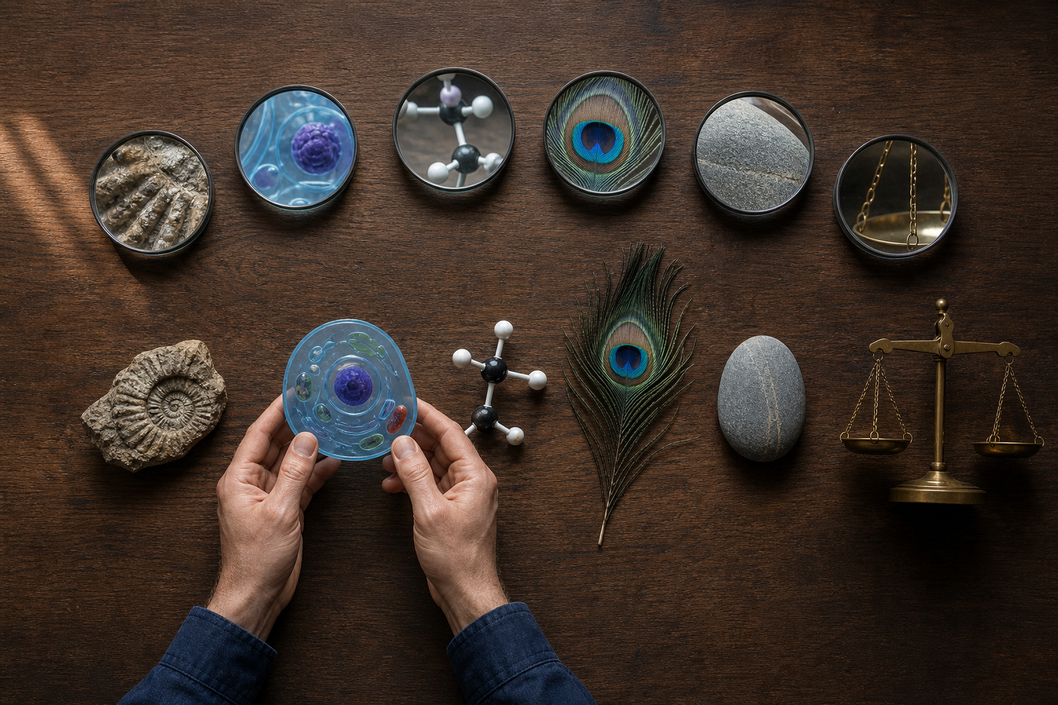 Six lenses, a balance, biological models, a fossil, a feather, and a stone are arranged on a research table as hands compare two specimens.