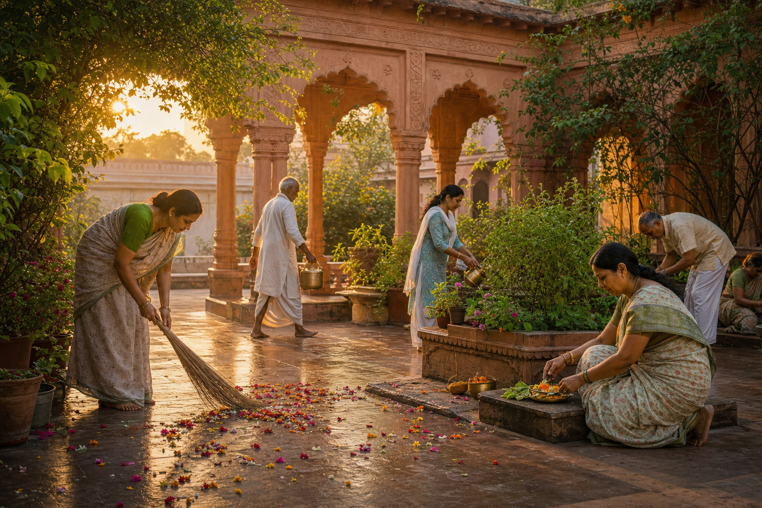 Several devotees sweep, water tulasi plants, and arrange simple offerings together in a temple courtyard at dawn.