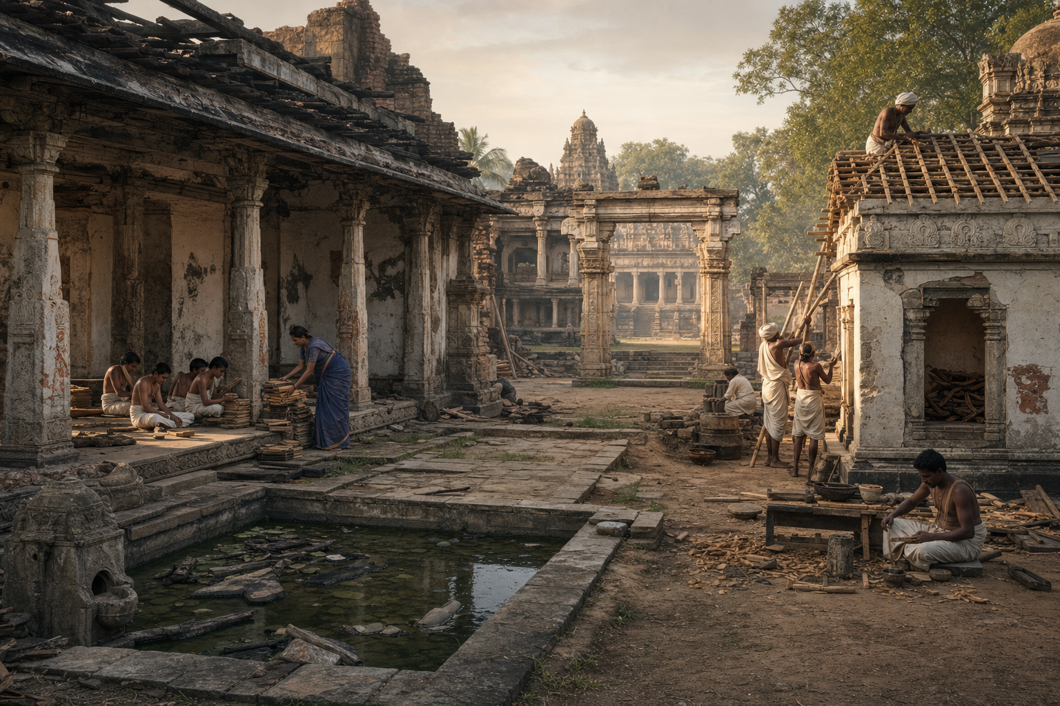 Residents recover manuscript bundles and repair a small shrine and workshop inside a complex of damaged halls, broken columns, and an untended water tank.
