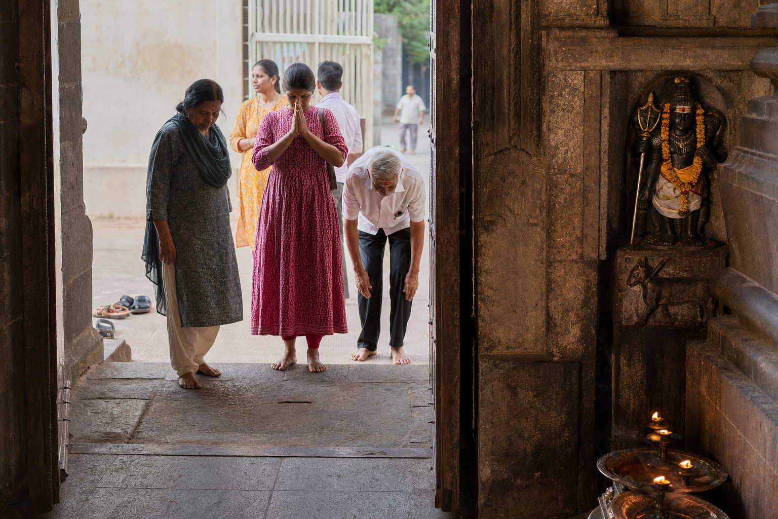 Visitors pause with joined palms at a temple gateway beside a Bhairava guardian niche before entering the inner courtyard.