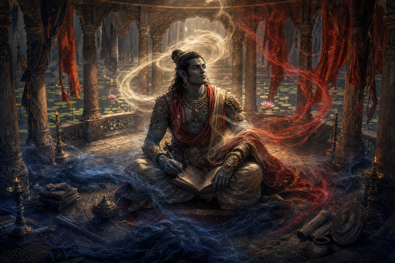 A seated Rakshasa figure is surrounded by overlapping white-gold light, red wind and dark blue mist within a circular stone pavilion.