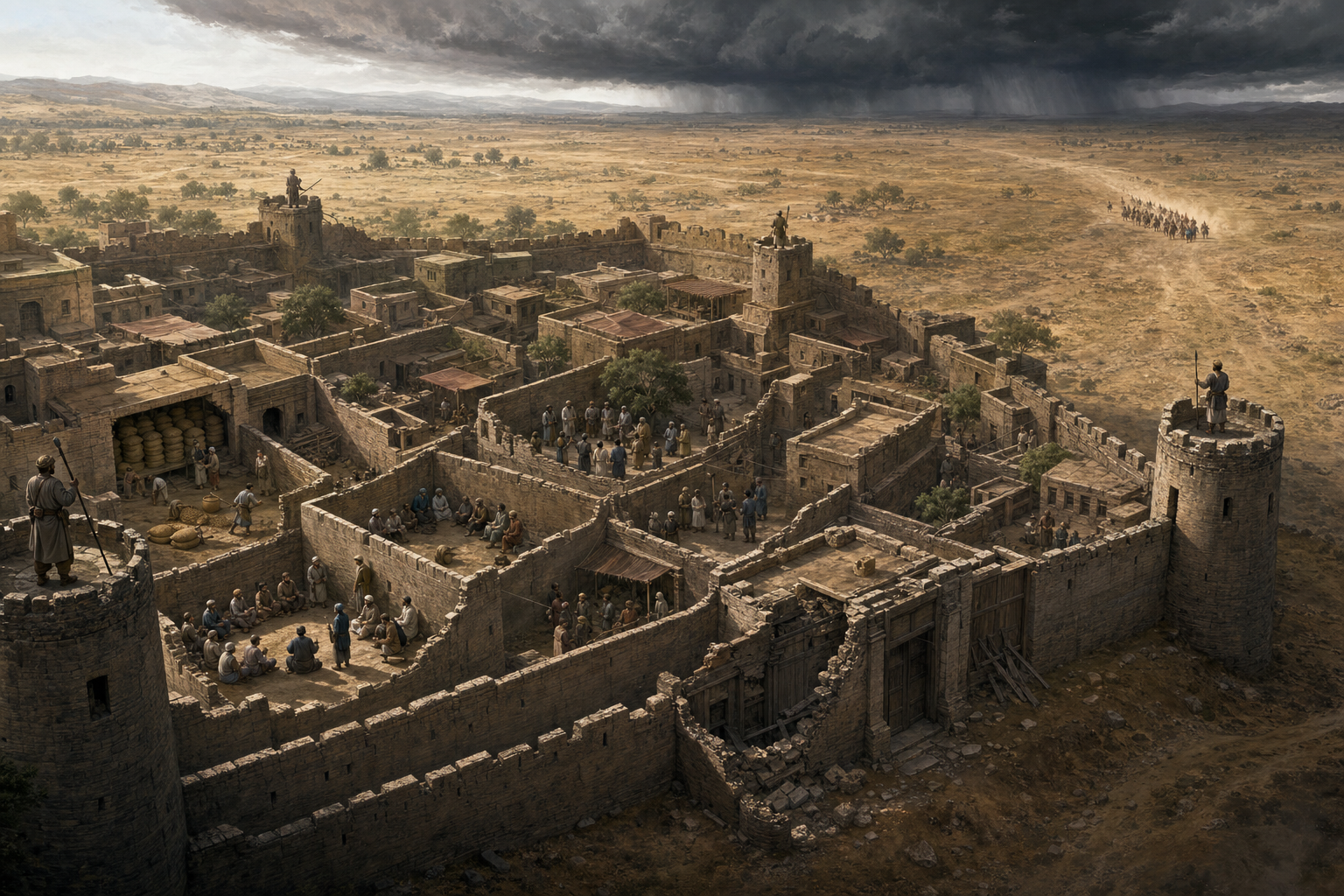 A fortified town is divided into poorly coordinated courtyards as an armed column approaches across the distant plain beneath storm clouds.
