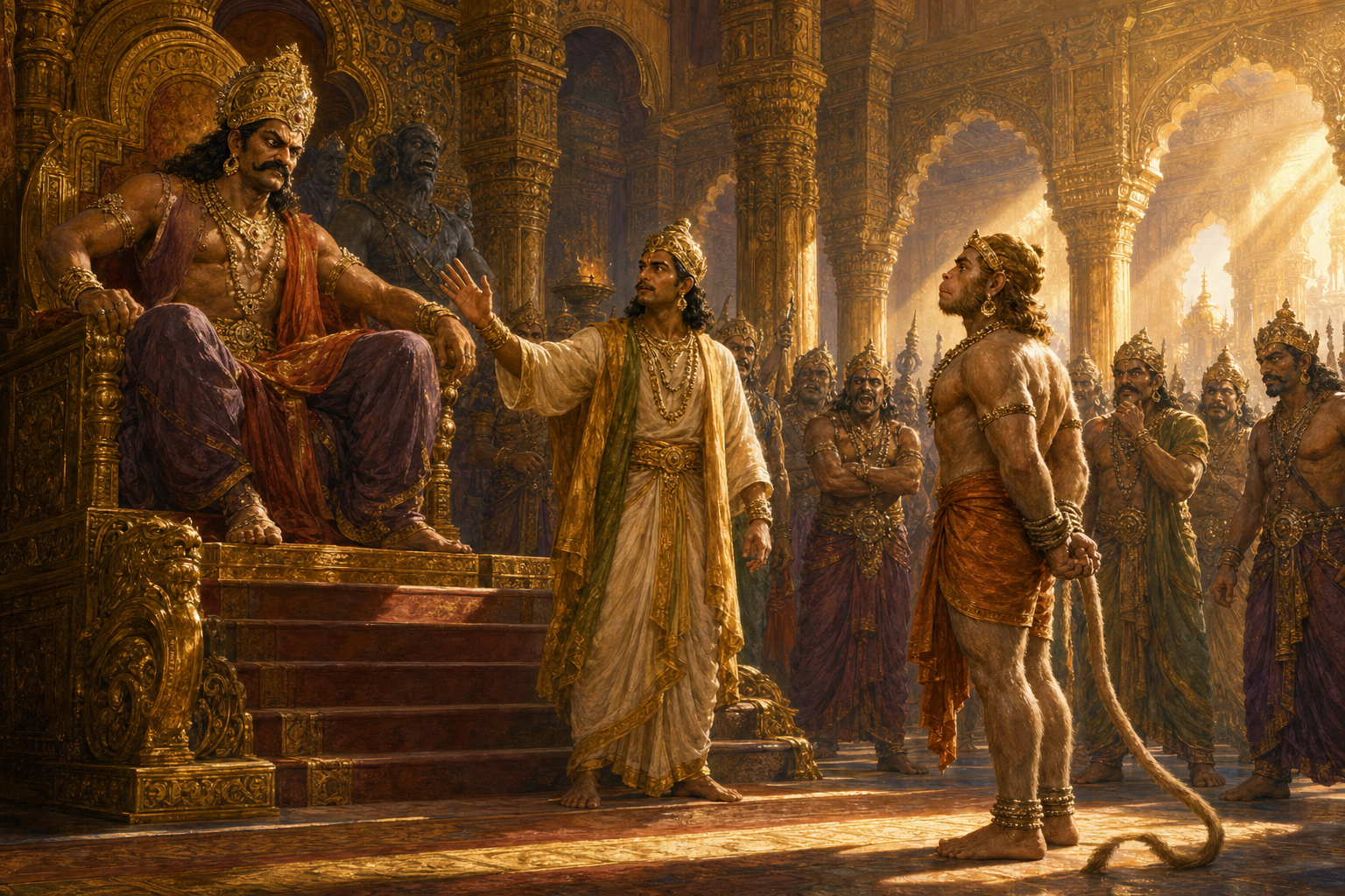 Vibhishana raises a hand in counsel before enthroned Ravana while the bound envoy Hanuman stands upright in the royal court of Lanka.