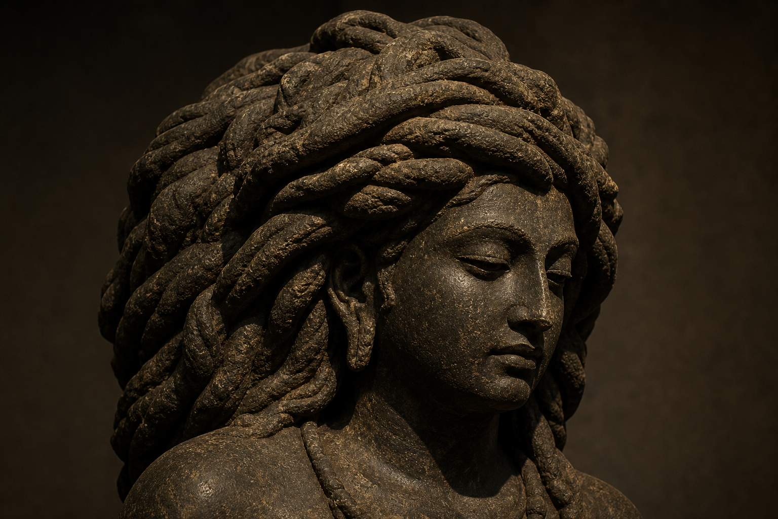Close view of a dark stone ascetic figure whose head is surrounded by a broad mass of thick, carved matted locks.