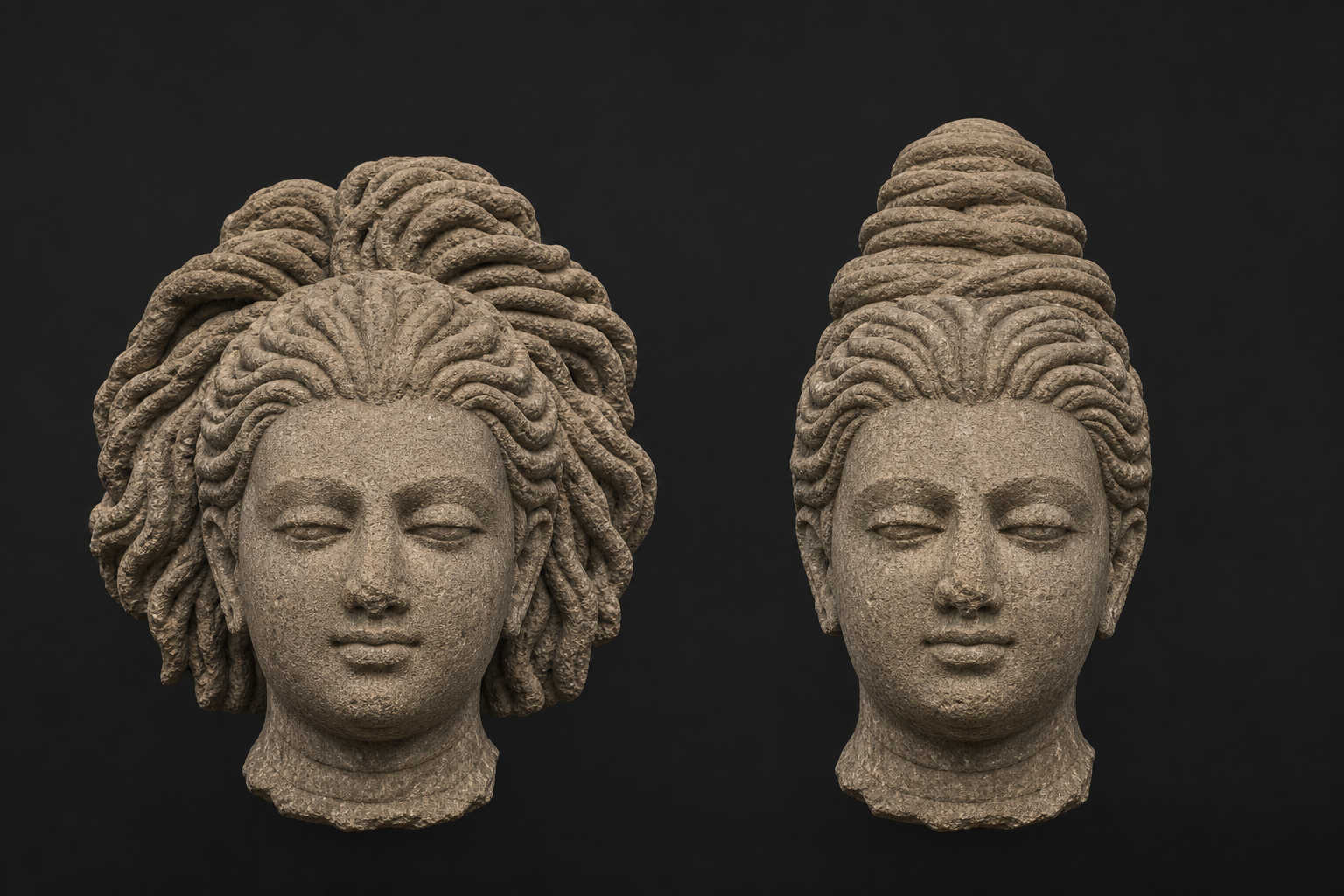 Two matched sandstone heads compare outward-spreading matted hair with matted locks arranged as a tall crown.