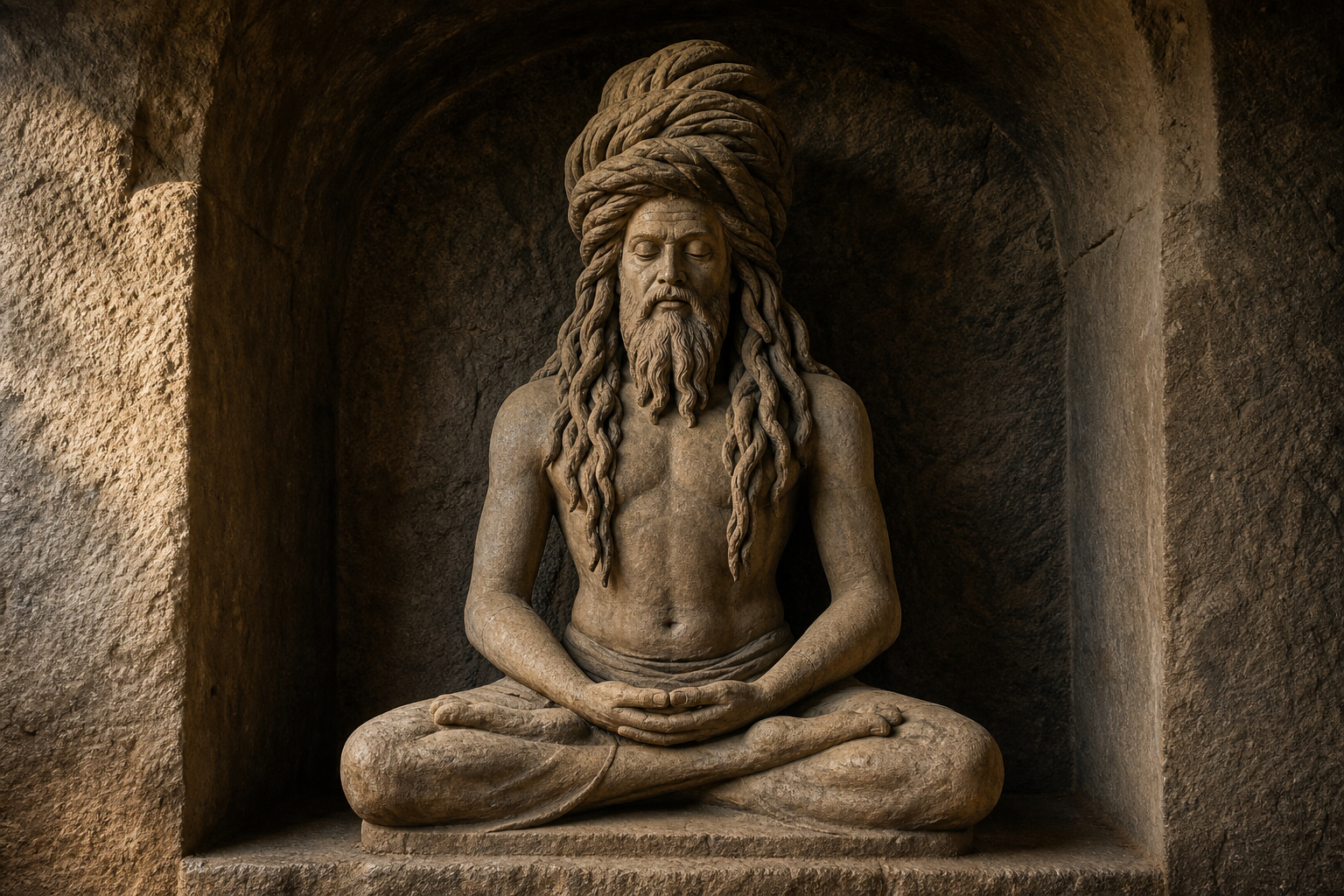 Seated stone ascetic in meditation with a calm posture and a large, intricately carved mass of matted hair.