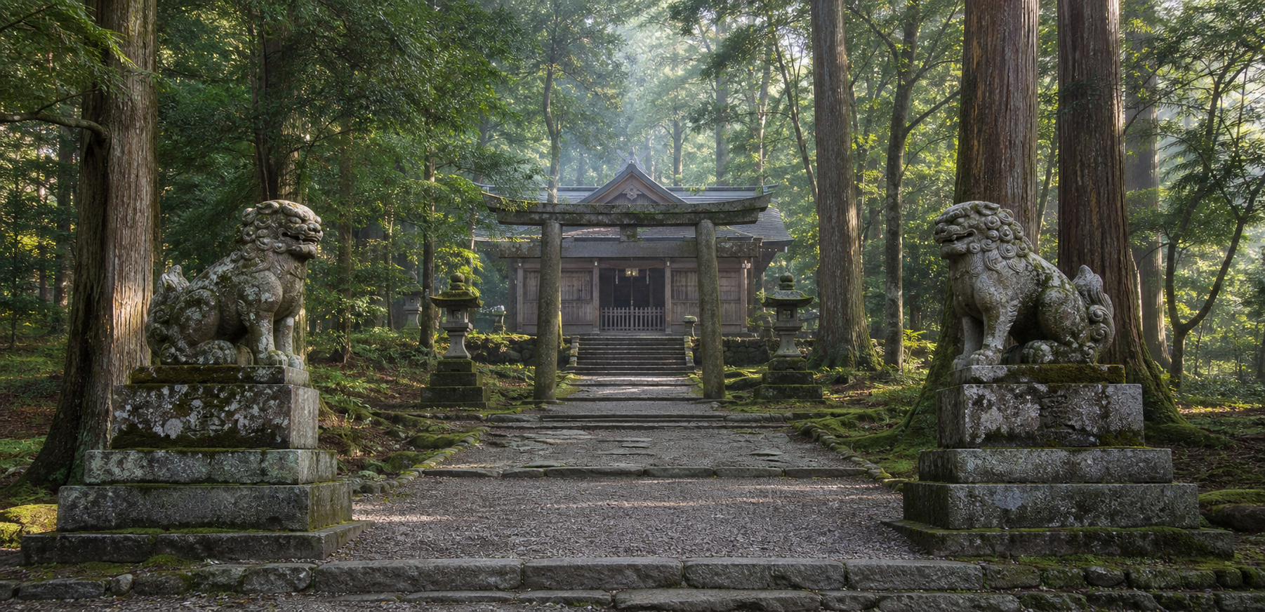 Two stone komainu face the approach to a Japanese shrine from pedestals on opposite sides of the sacred path.