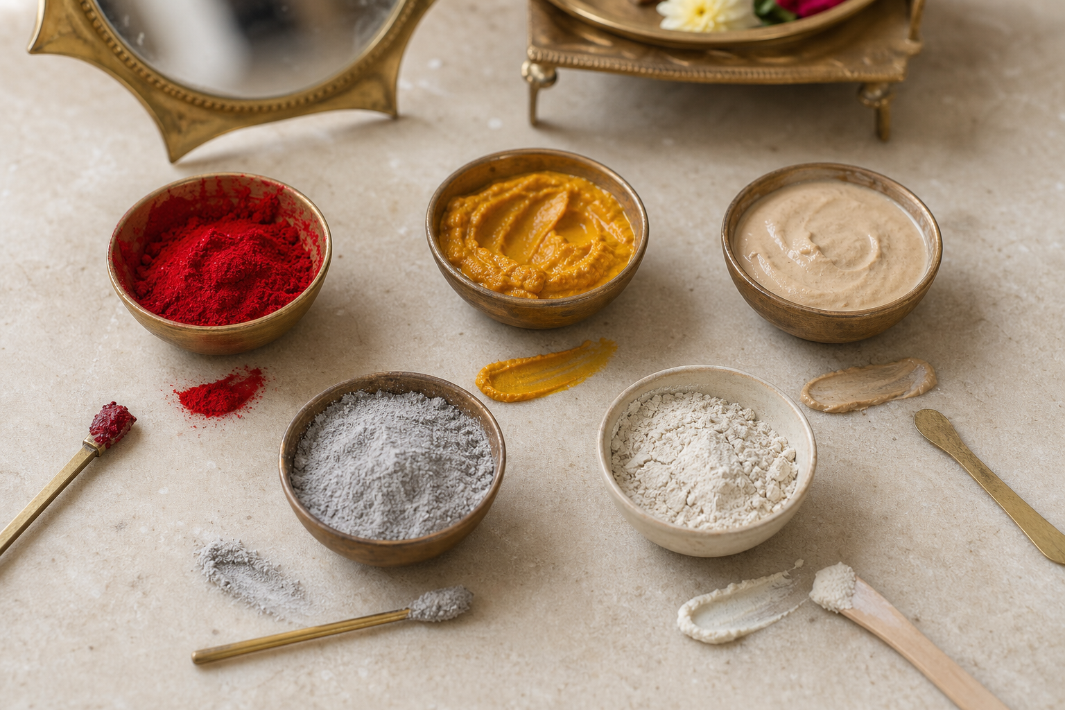 Separate bowls of red kumkum, turmeric paste, sandalwood paste, grey sacred ash, and light ritual clay on a stone surface.