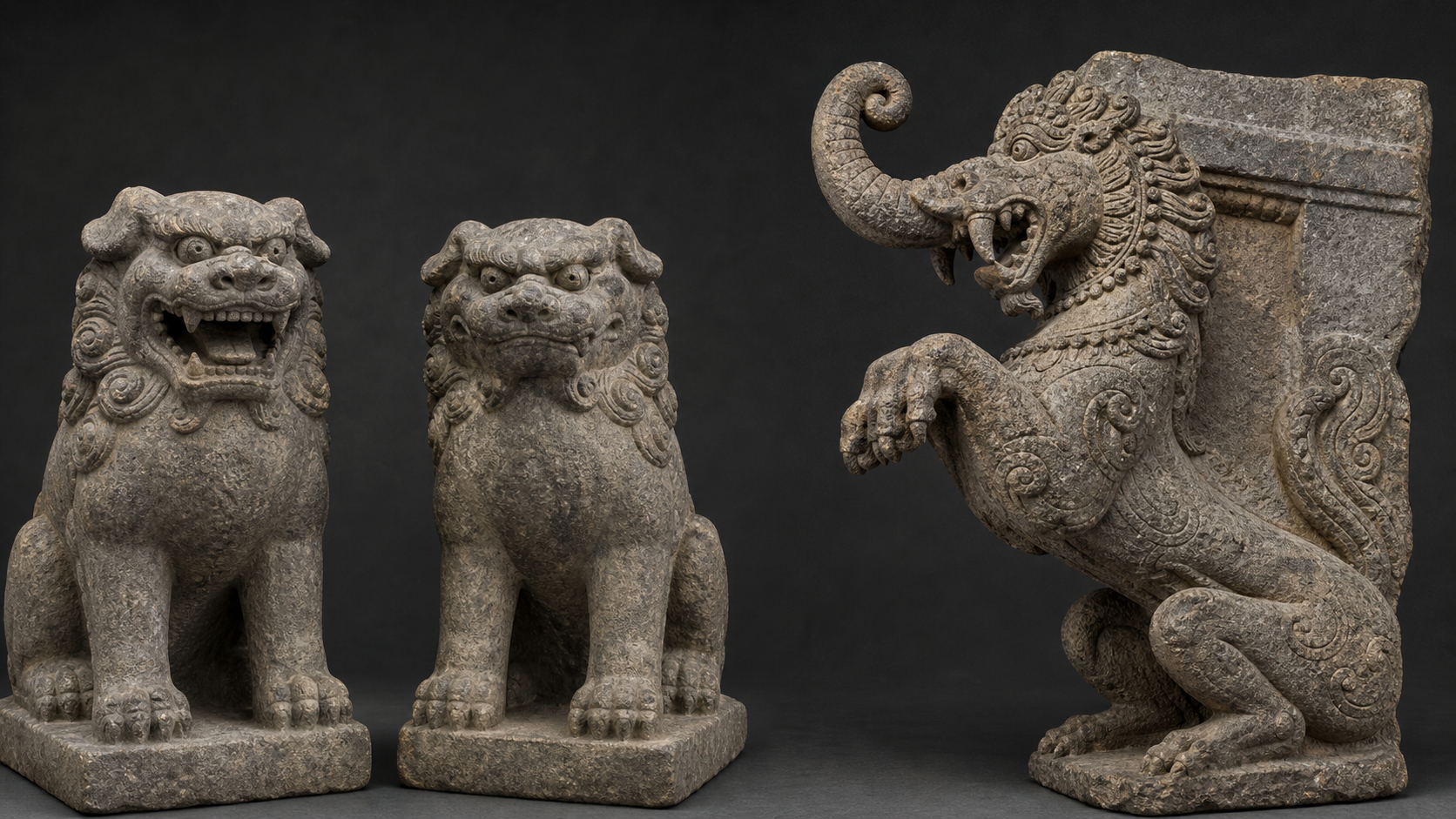 Close views compare an open- and closed-mouth pair of seated komainu with the elongated composite anatomy of a carved yali.