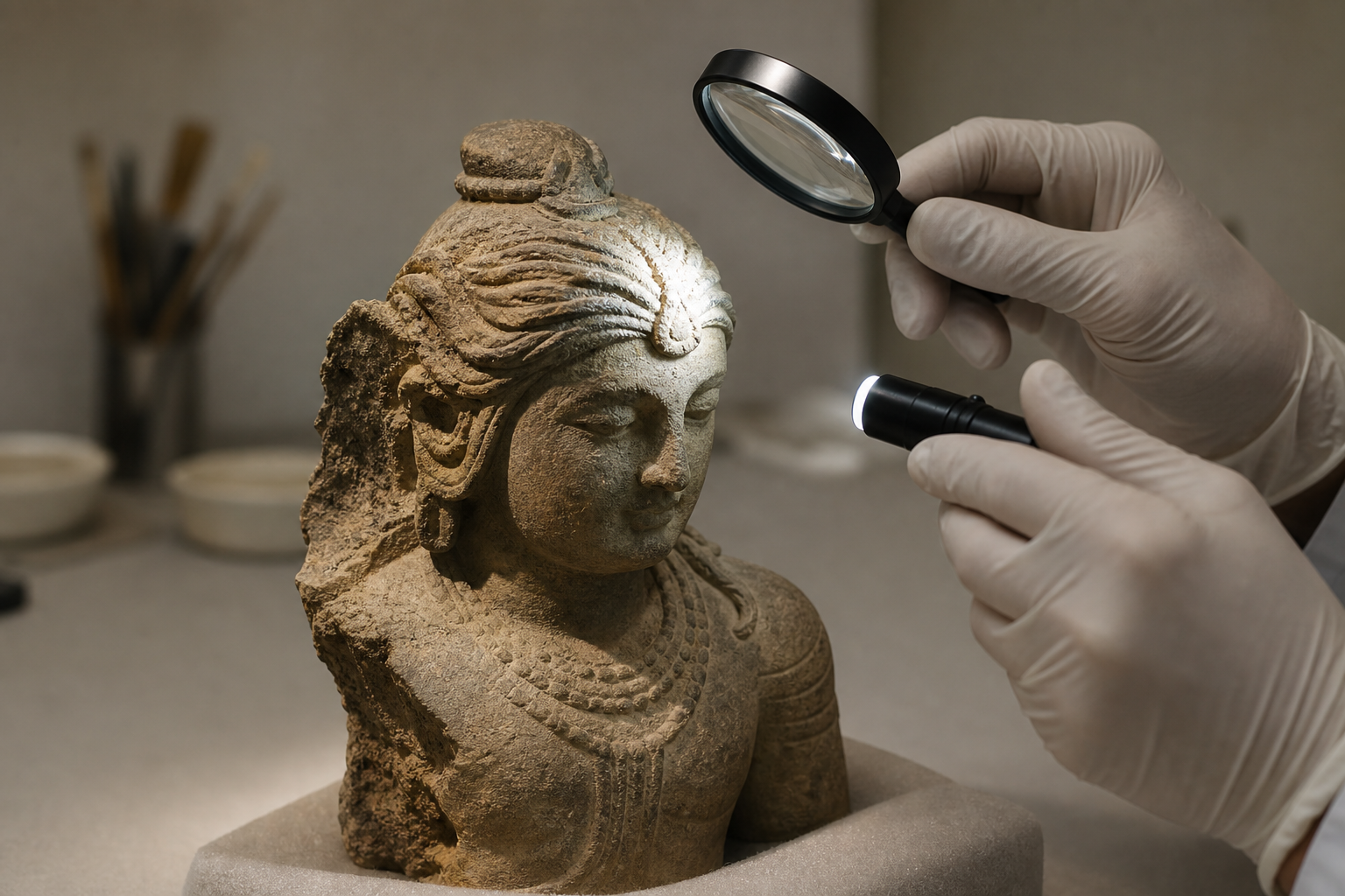 Gloved hands examine the matted hairstyle and weathered edges of a small sandstone figure under raking light.
