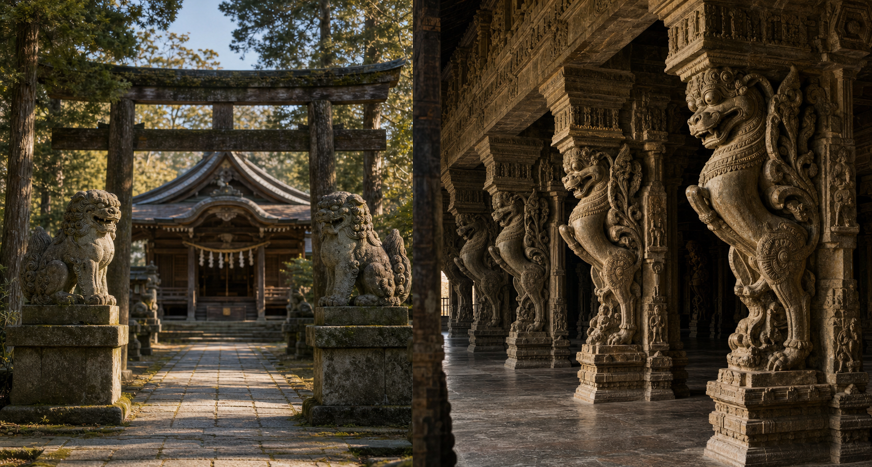 Komainu guard the approach to a Japanese shrine while yali carvings form part of the pillars in a South Indian Hindu temple hall.