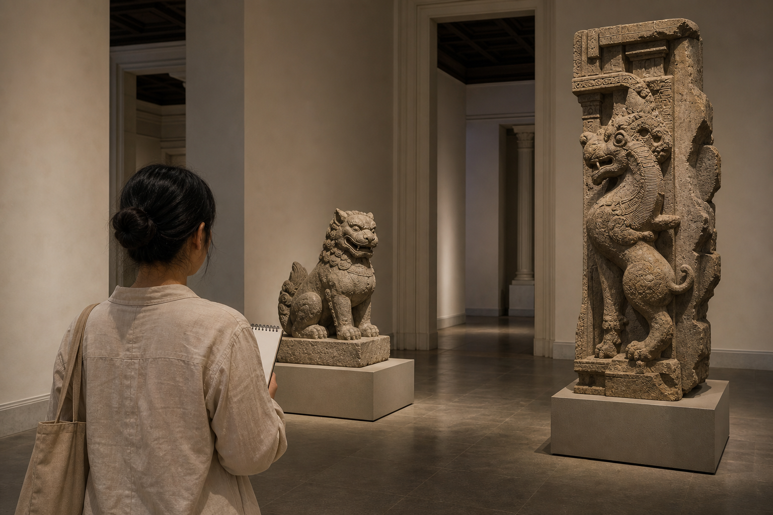 A museum visitor examines a komainu sculpture and a separate yali pillar fragment while holding a blank sketchbook.