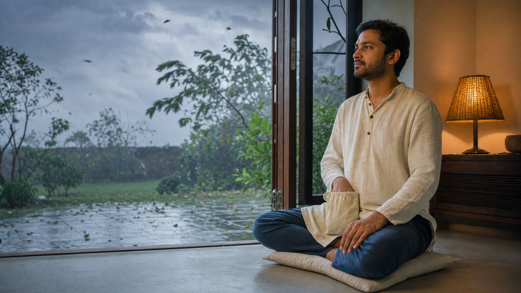 An adult chants with a cotton japa bead bag beside an open doorway while rain clouds gather over a garden at dawn.