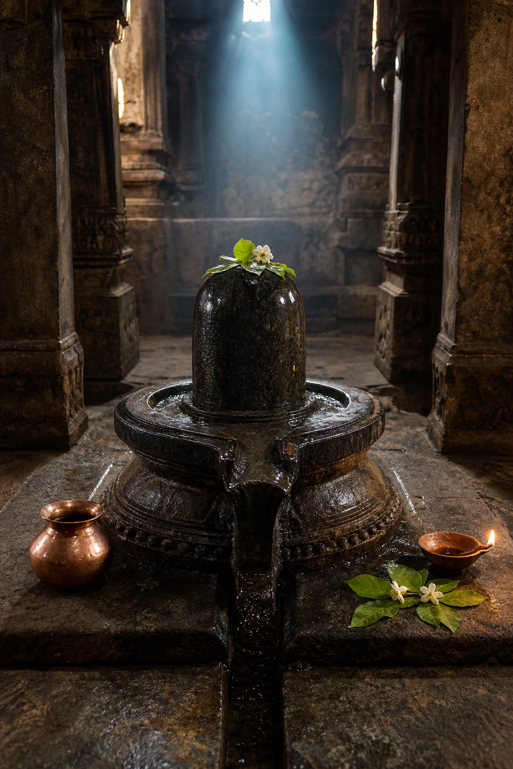 A polished stone Shiva linga rests in its carved pitha beside an oil lamp, a copper vessel, bilva leaves, and flowers in a dim temple sanctum.