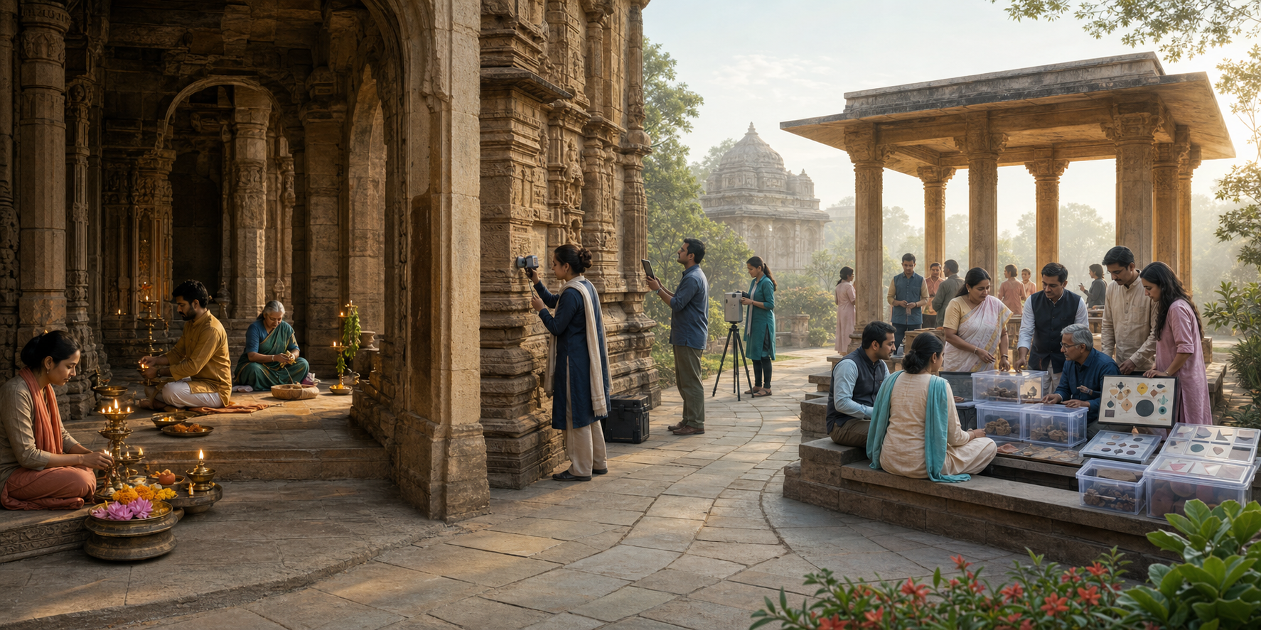 A Dharmic heritage complex with ritual custodians in a sanctuary, conservation specialists in a work court, and community representatives reviewing records in an open pavilion.