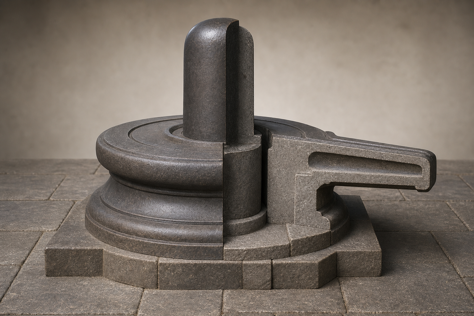 Cutaway illustration of a stone linga fitted into its supporting pitha, with the base and projecting drainage channel visible.