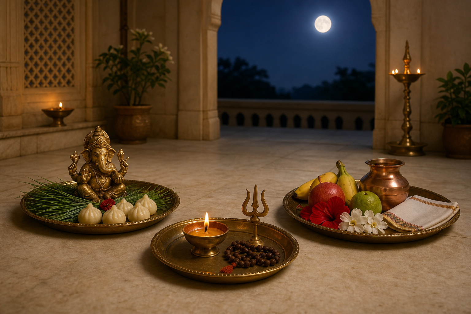 Three separate brass puja trays with a Ganesha murti, an oil lamp and trident, and flowers and fruit in a moonlit home courtyard.