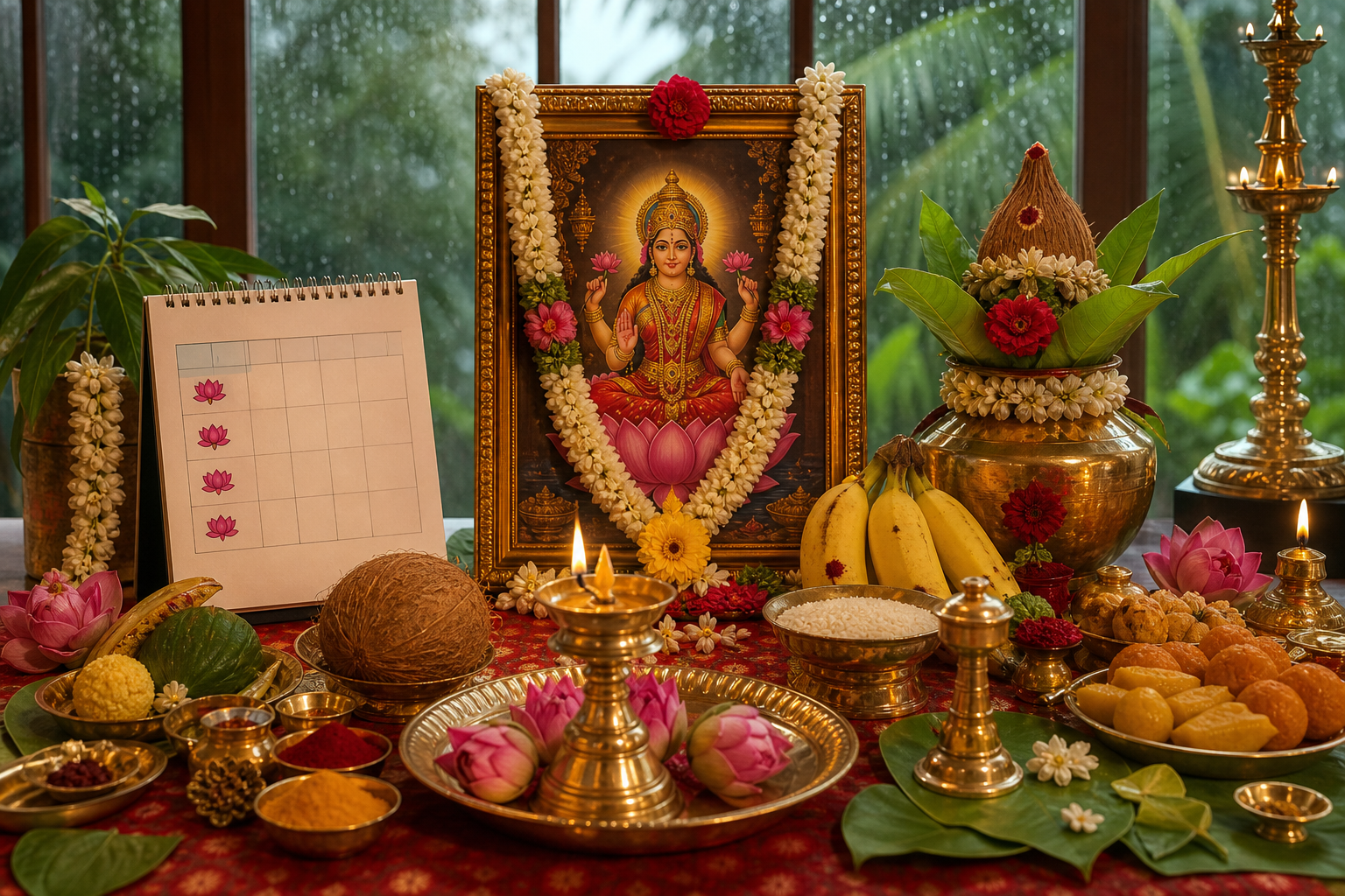 Kerala Karkidaka Masam puja altar with goddess Lakshmi, brass lamps, offerings, flowers, and monsoon rain outside.