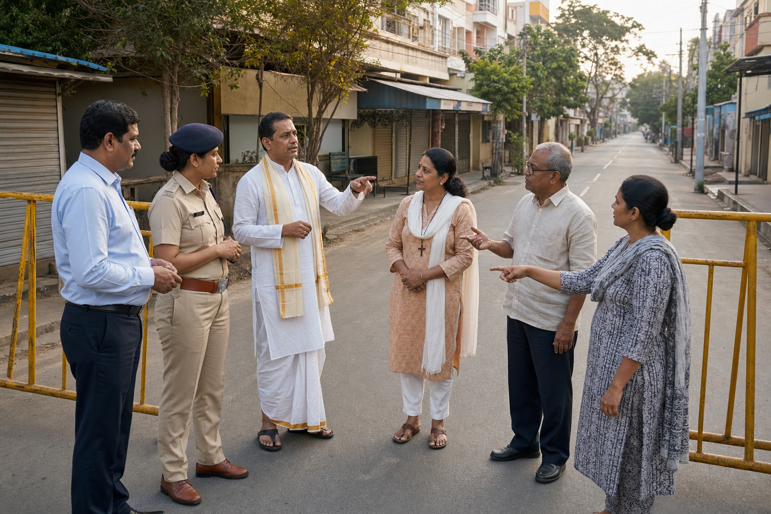 Civic officials and community representatives discuss temporary street access beside portable barriers in an Indian neighborhood.