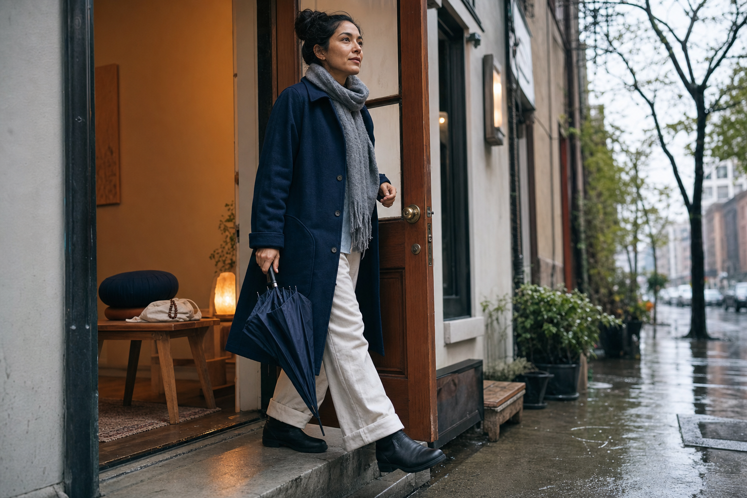 An adult steps from a quiet apartment into the rain with an umbrella, leaving a meditation cushion and japa bead bag behind.