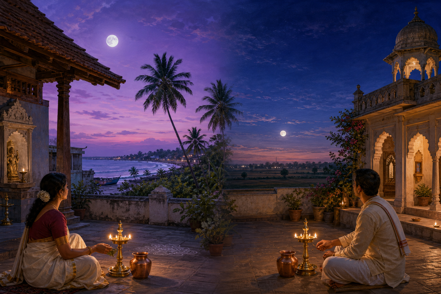 Two Indian home courtyards under skies of different darkness, with the moon at different heights and devotees preparing lamps and water vessels.